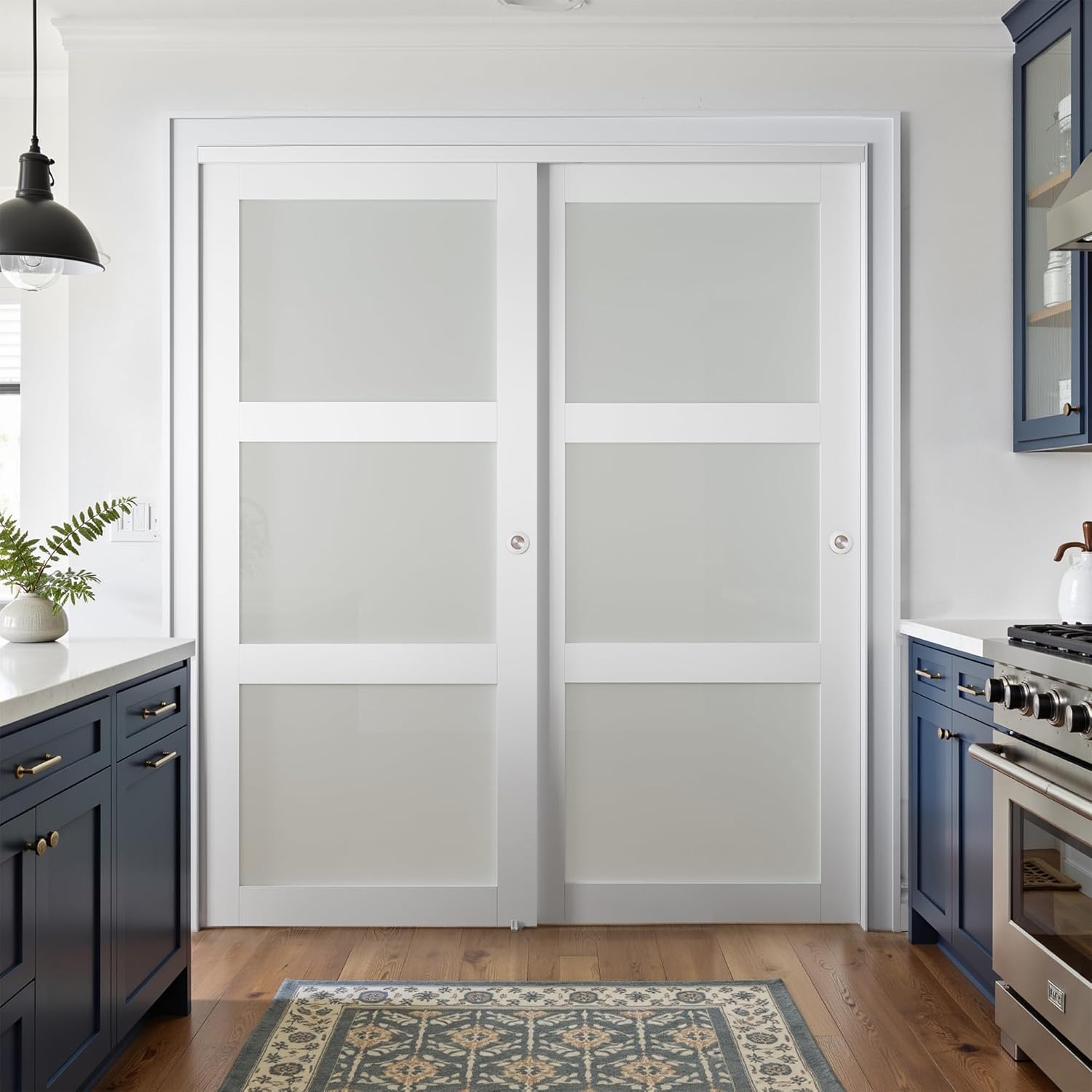 Sliding Closet Door for 72" x 80" Opening, 3-Lite Frosted Glass MDF Barn Door with Hardware Kit Set, Door Panels Need to Assemble, White