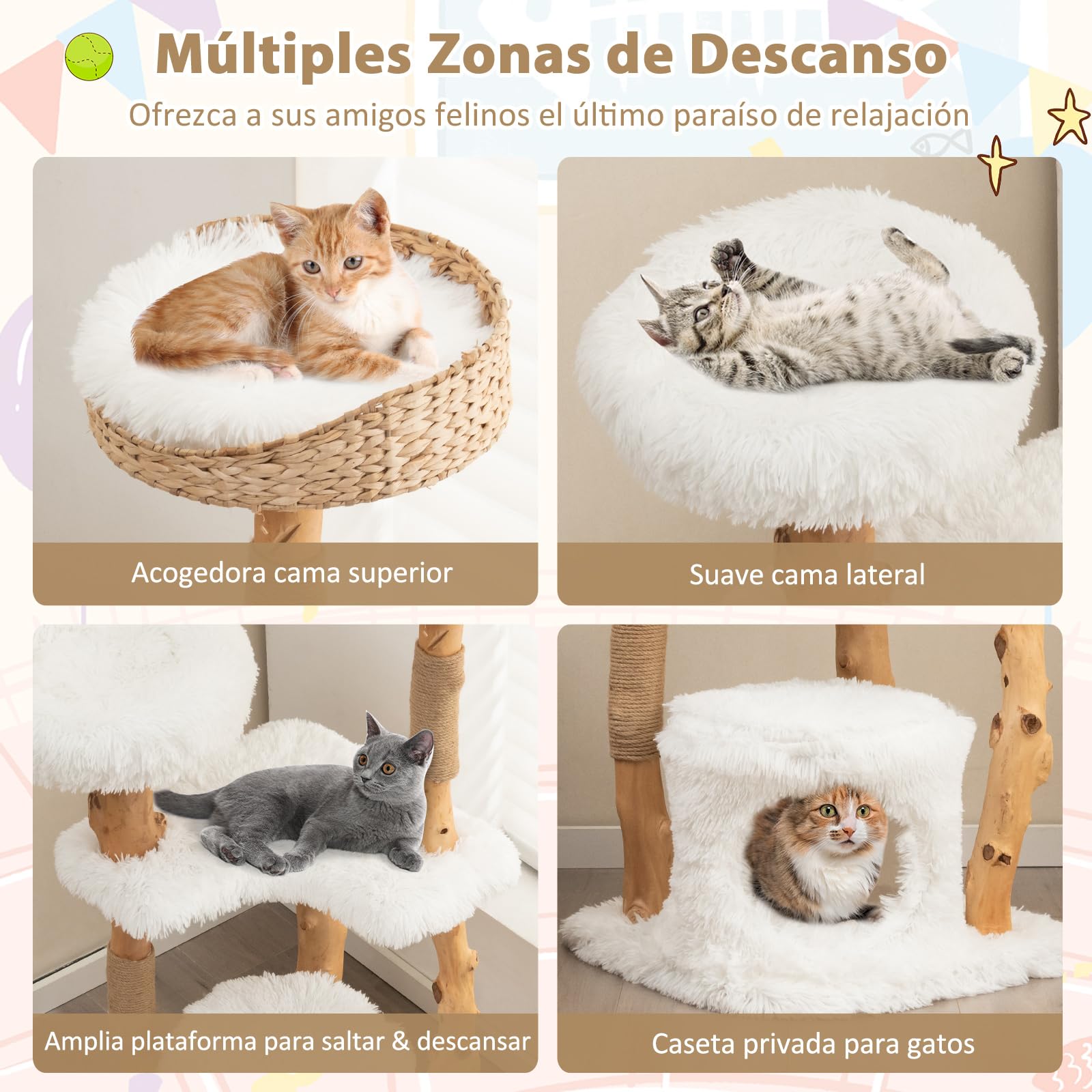 COSTWAY 124cm Árbol Rascador para Gatos de Madera Maciza, Torre Rascador para Gatos con Postes de Sisal, Condominio, Plataformas, Centro de Actividades de Múltiples Niveles para Gatos, Blanco (124cm)