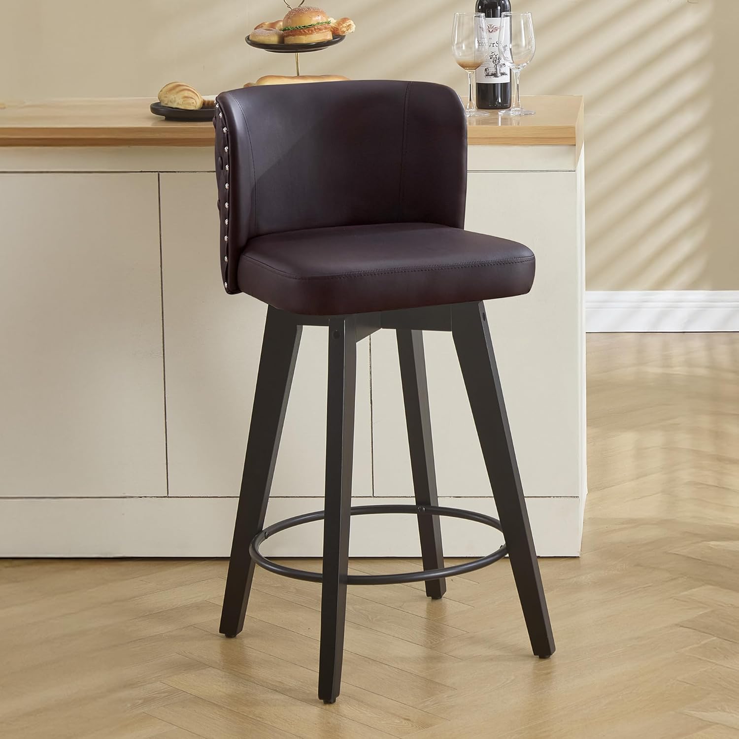 Dorlicecass Brown Bar Stools- 360 Swivel Bar Stools with Back Faux Leather Button-Tufted Backrest Solid Wood Legs 27.5" H Seat Set of 1