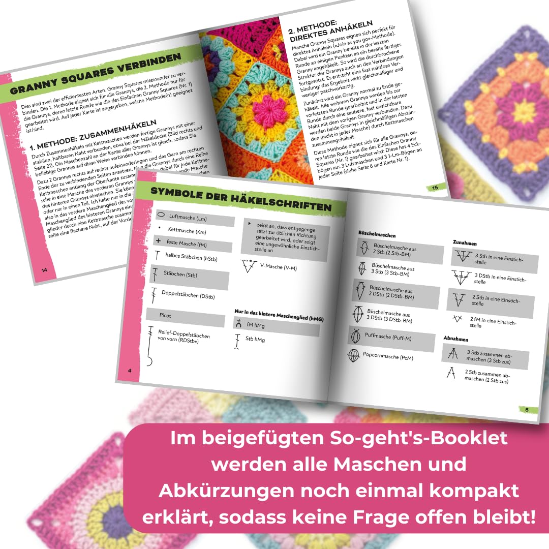 Granny Square Häkel-Karten (Deutsche Ausgabe): 50x häkeln, mixen und matchen. Mit Häkelschrift und Foto zu jedem Granny Square und praktischem So-geht's-Booklet