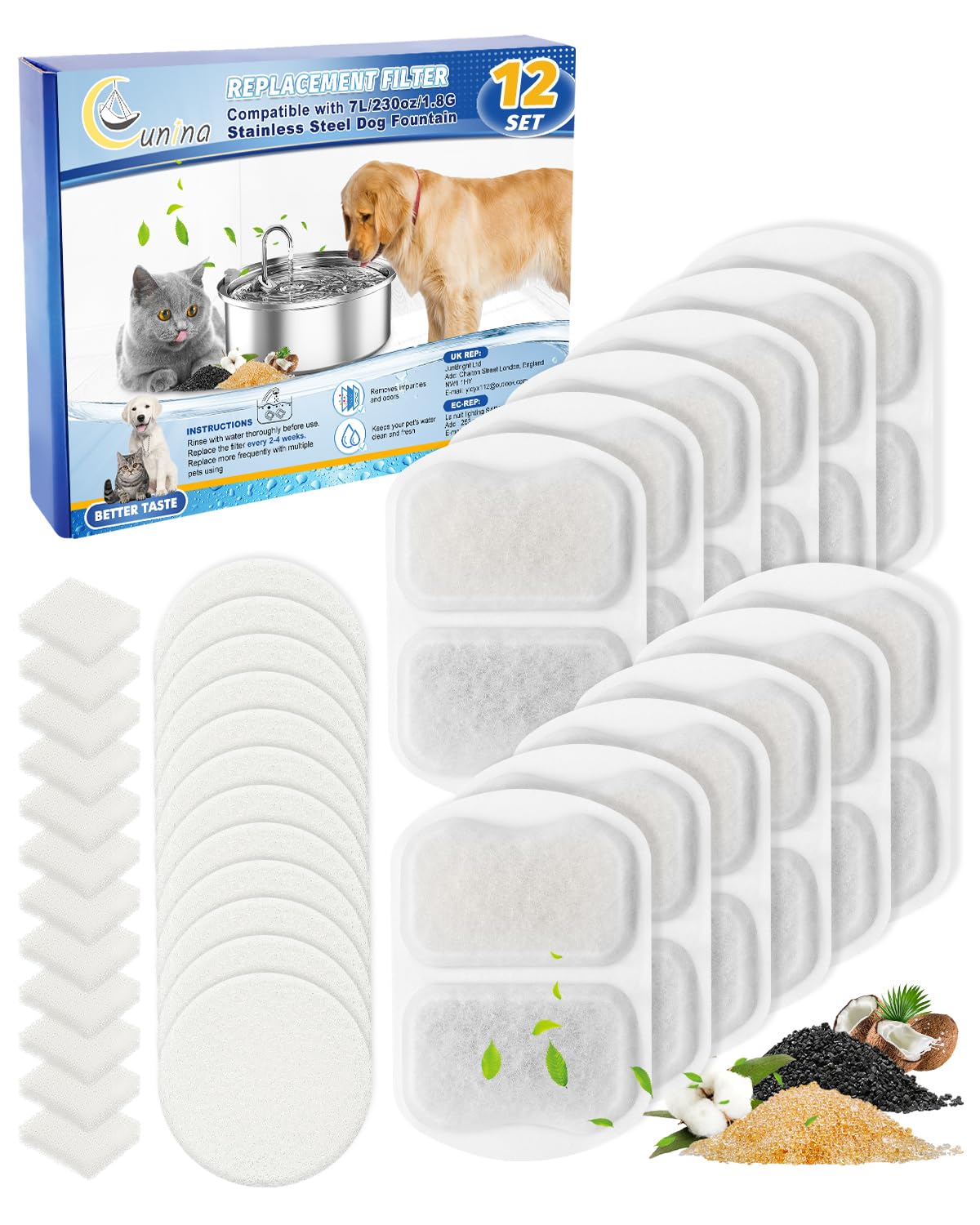 Cunina Dog Water Filter Replacement Compatible with oneisall 7L/230oz/1.8G Stainless Steel Pet Water Fountain, Pet Water Filter 12 Set Dog Water Bowl