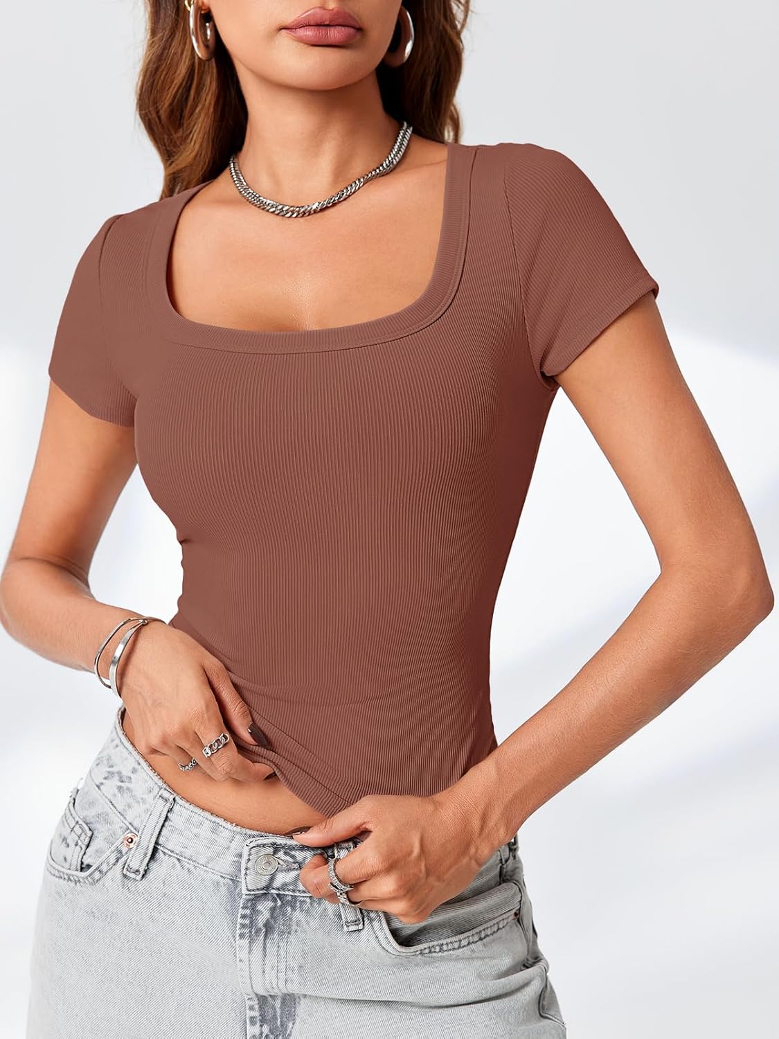 Lynwitkui Womens Scoop Neck Short Sleeve Tops Slim Fit Ribbed Casual Basic T Shirts Tops - Image 2