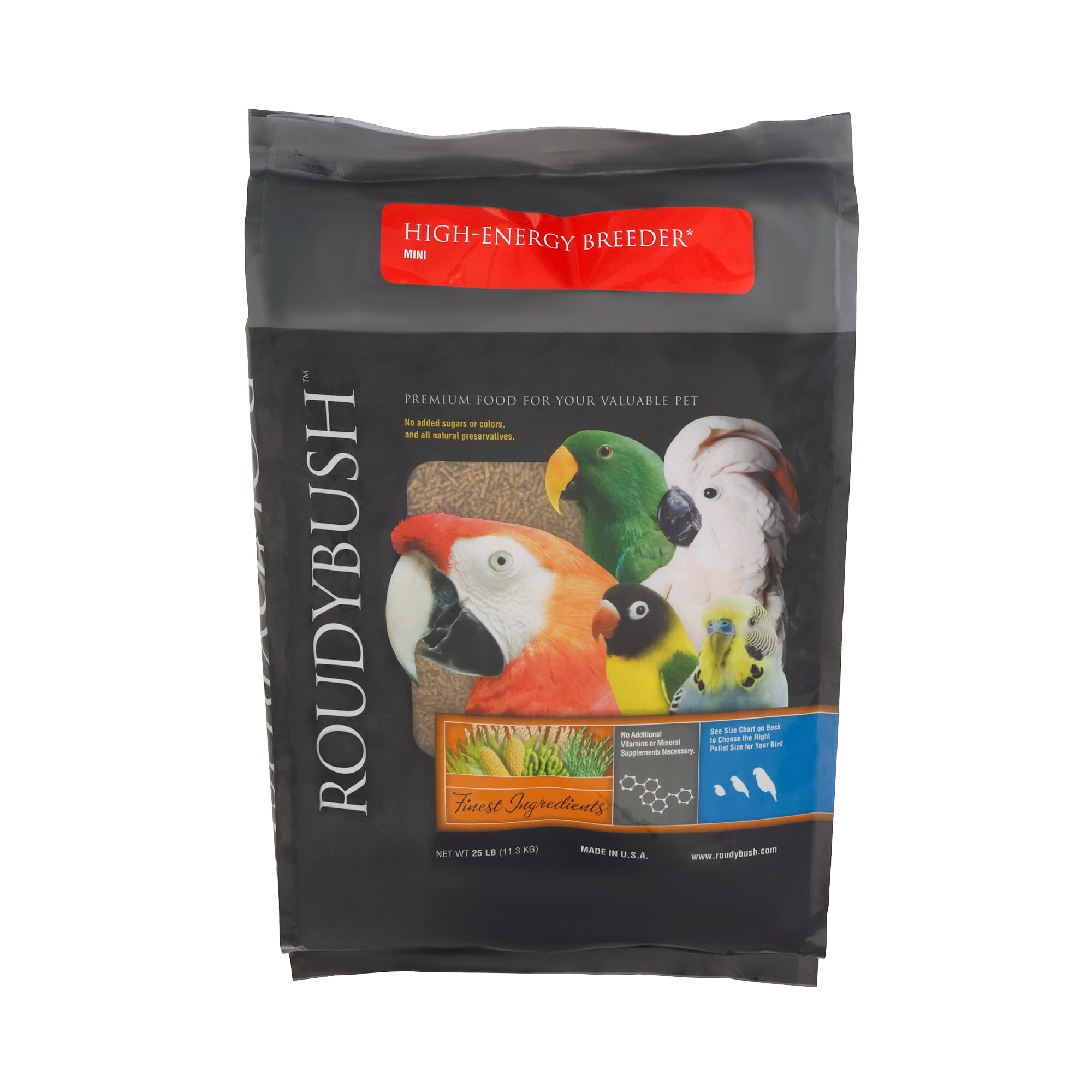 Roudybush High Energy Breeder Food for Breeding & Weaning Birds - Scientifically Formulated Bird Feed - Bird Food Pellets w/ Corn, Wheat, Soy & More - Nutritious & Healthy Feed for Birds (Mini, 25lb)