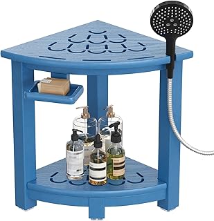 nalone Corner Shower Stool, HDPE Shower Bench for Inside Shower, Small Shower Chair Seat for Shaving Legs with Storage Shelf, Soap Box and No-Slip Feet (Navy Blue)
