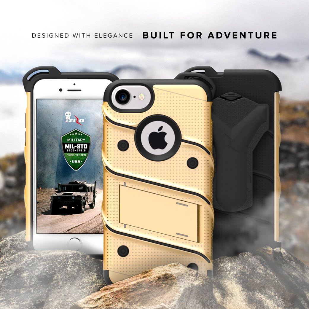 Zizo Bolt Series Compatible with iPhone 8 Case Military Grade Drop Tested with Tempered Glass Screen Protector Holster iPhone 7 case Gold Black