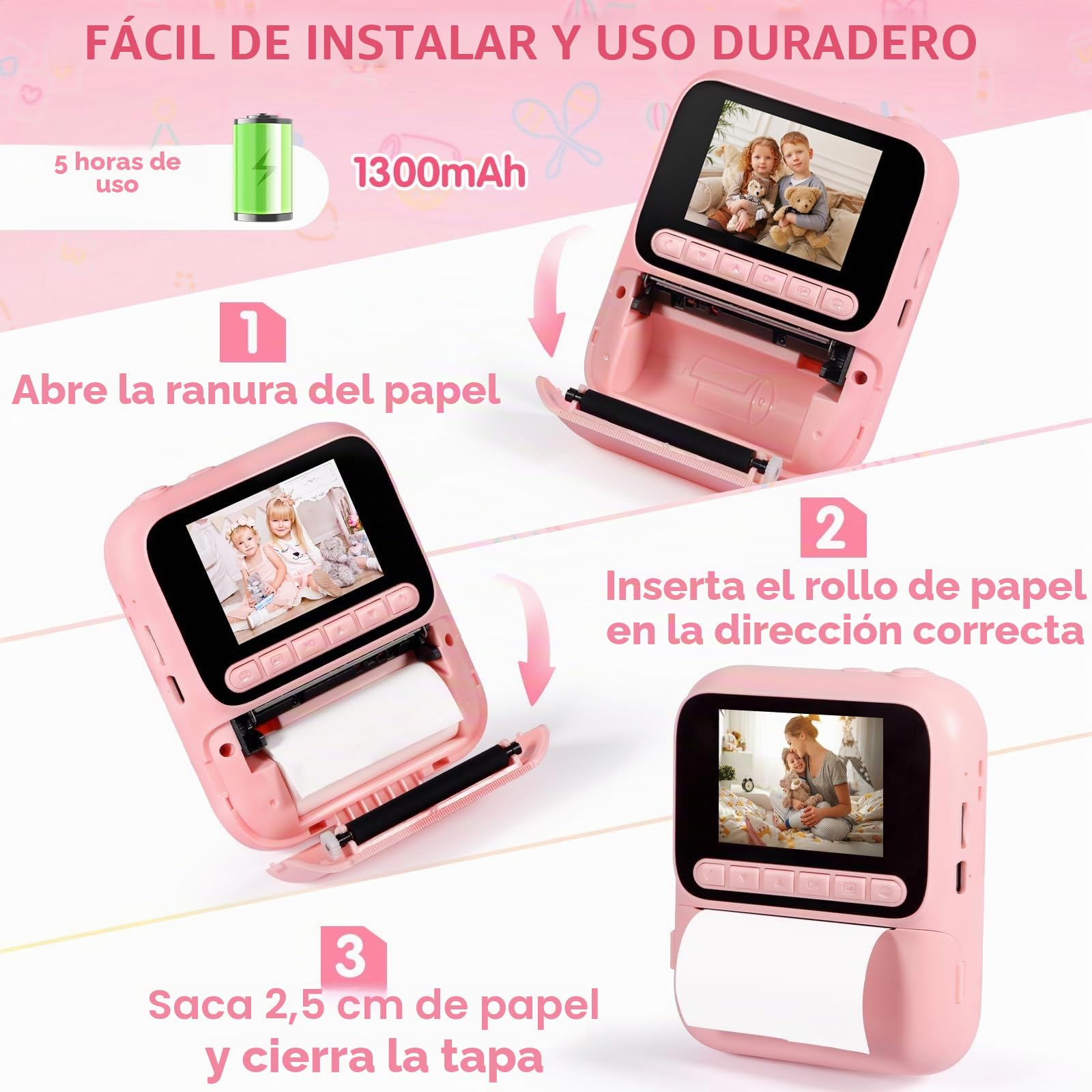 Camara Fotos Infantil Instantanea,2,4 Pulgadas 48 MP Camara Instantánea,HD 1080P Cámara Fotos Infantil con Tarjeta de 32GB y 6 Papel de Impresión,Regalo para Niñas y Niños de 3 a 12 Años