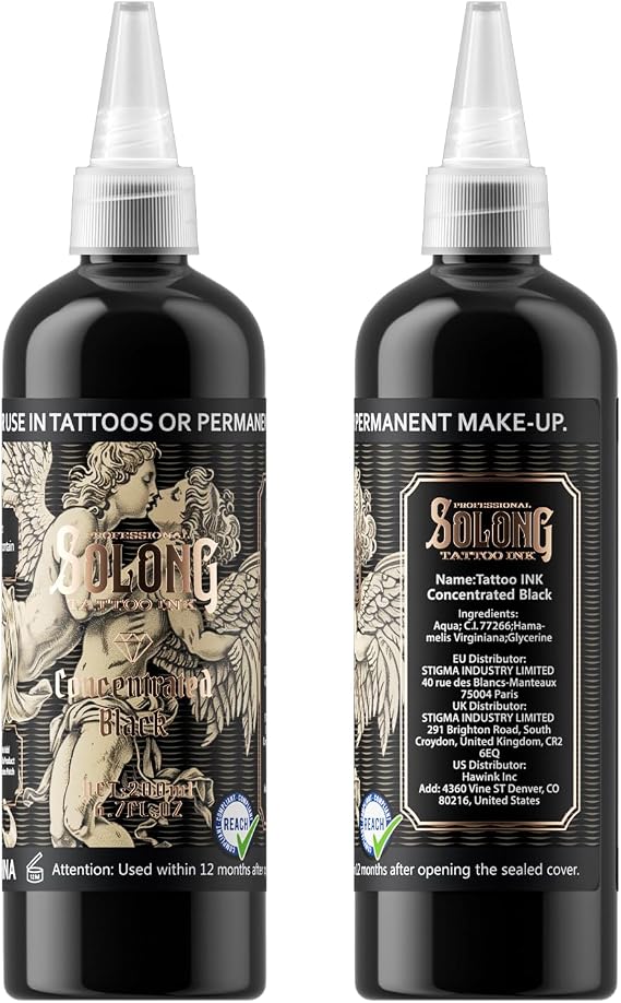 Tattoo Ink,Solong S Series 6.7oz(200ml) Professional Black Tattoo Ink for Various Tattoo-Concentrated Black Tattoo Supplies,TI303S-200-030