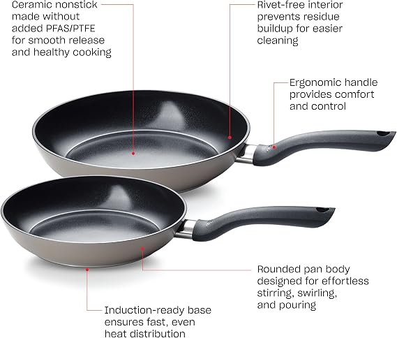 Fissler Essential Ceramic Nonstick Frying Pan Set, 9.5 Inch and 11 Inch, Orbit Black Interior with Warm Grey Exterior, Easy Release, Made Without Added PFAS/PTFE, Induction Compatible, Made in Germany