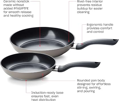 Fissler Essential Ceramic Nonstick Frying Pan Set, 9.5 Inch and 11 Inch, Orbit Black Interior with Warm Grey Exterior, Easy Release, Made Without Added PFAS/PTFE, Induction Compatible, Made in Germany