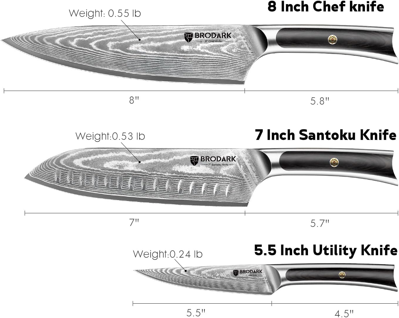 BRODARK Damascus Chef Knife 3 PCS, VG10 Steel Full Tang Sharp Professional Japanese Chef Knife Set for Kitchen, Ergonomic Pakkawood Handle Damascus Knife Set with Gift Box - Image 3