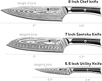 Vista 3 de BRODARK Damascus Chef Knife 3 PCS, VG10 Steel Full Tang Sharp Professional Japanese Chef Knife Set for Kitchen, Ergonomic Pakkawood Handle Damascus