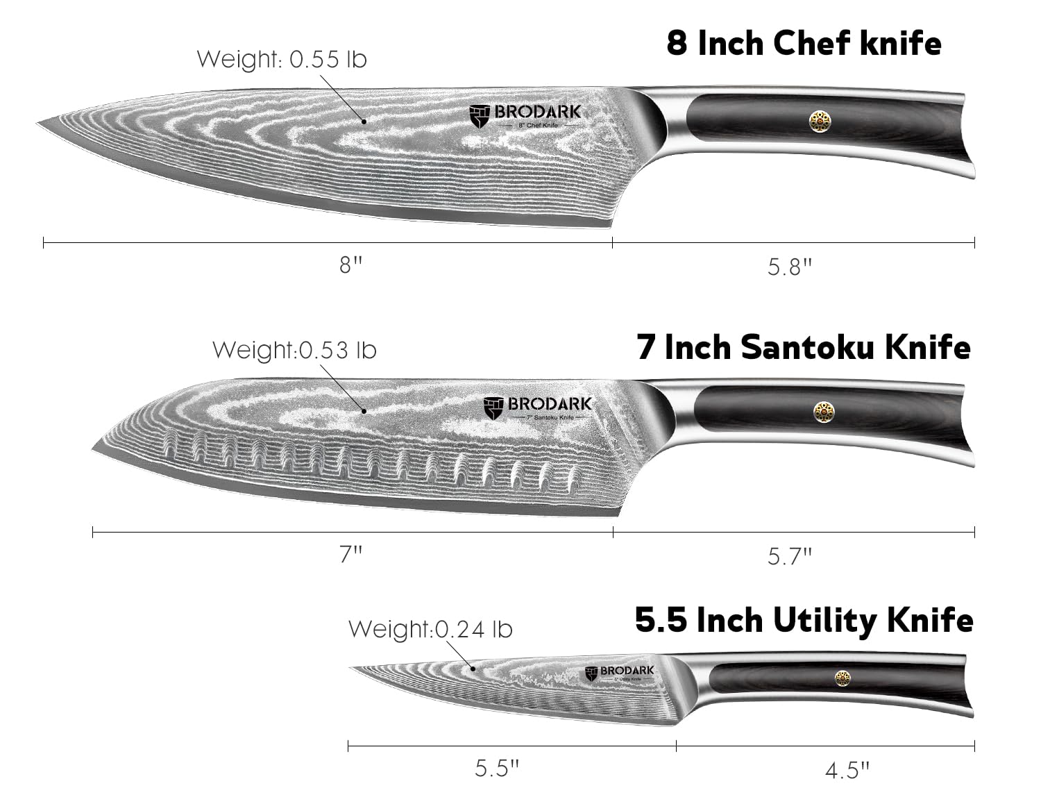 BRODARK 3PCS Damascus Chef Knife Set, VG10 Full Tang, Pakkawood Handle — Amazon image 3