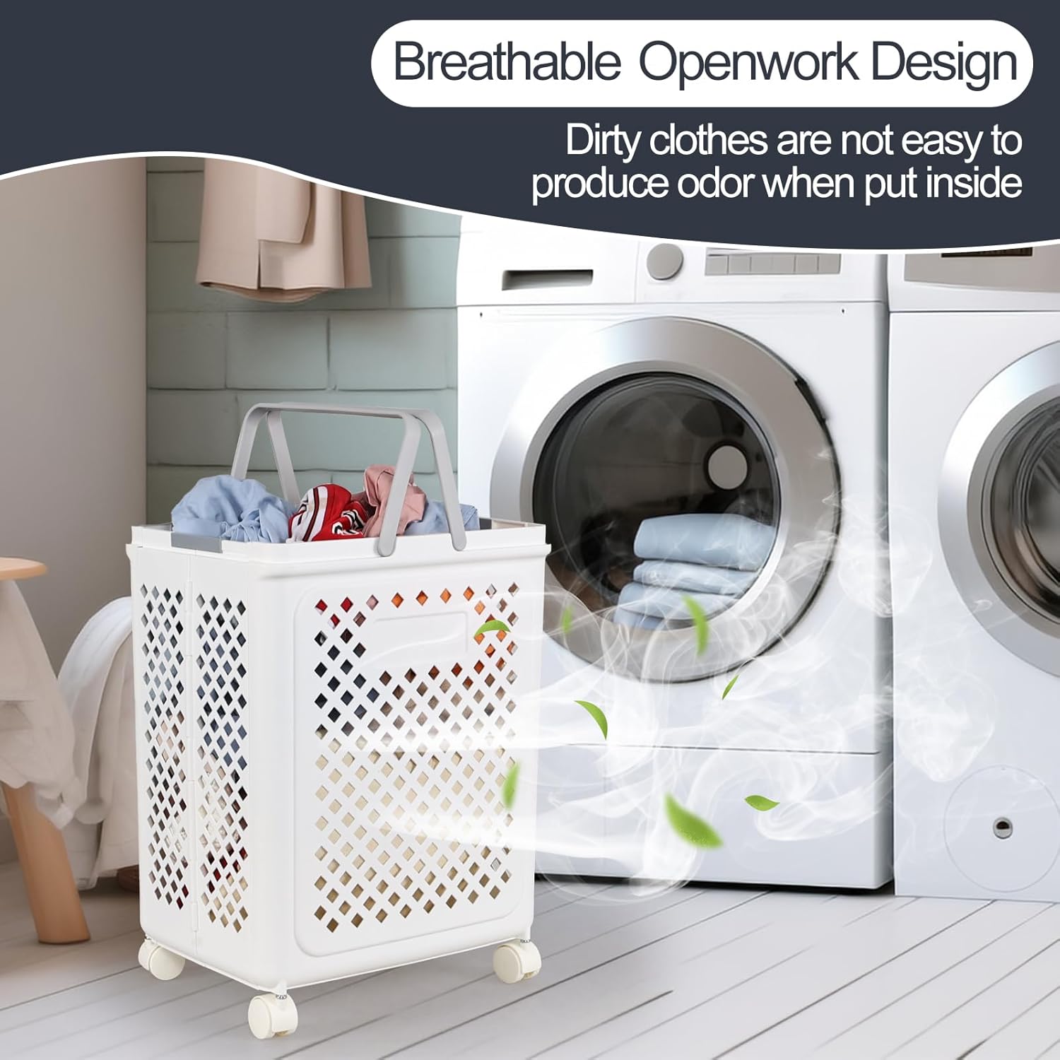 Kekow 45 L Collapsible Plastic Laundry Basket with Wheels and Handle, Foldable Rolling Laundry Hamper with Wheels, White, Pack of 4