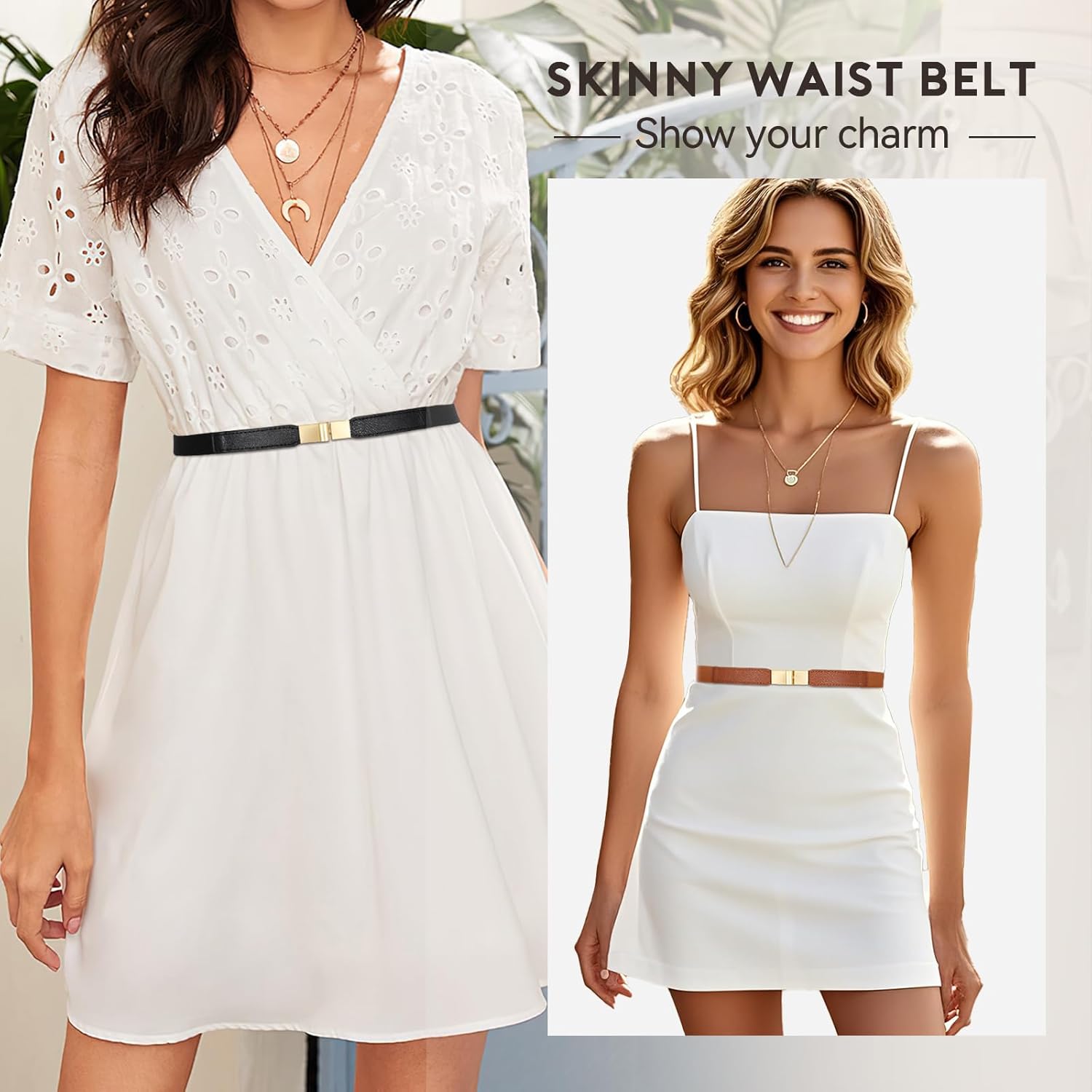 SUOSDEY 4 Pack Women Skinny Elastic Belt, Ladies Stretch Belt for Dresses Pants Thin Waist Gold Buckle Belt - Image 2