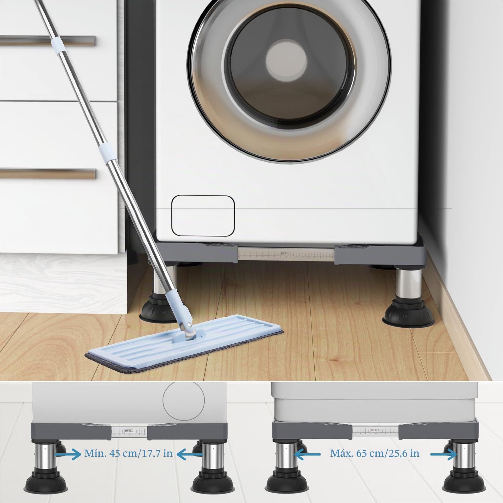DEWEL Base Lavadora, Soporte para Lavadora Secadora Frigorífico con 4 Pies de Acero Inoxidable, Base Elevador Lavadora Ajustable Ancho/Longitud 45-65cm, Altura 15-18cm, Carga 250kg (Gris)