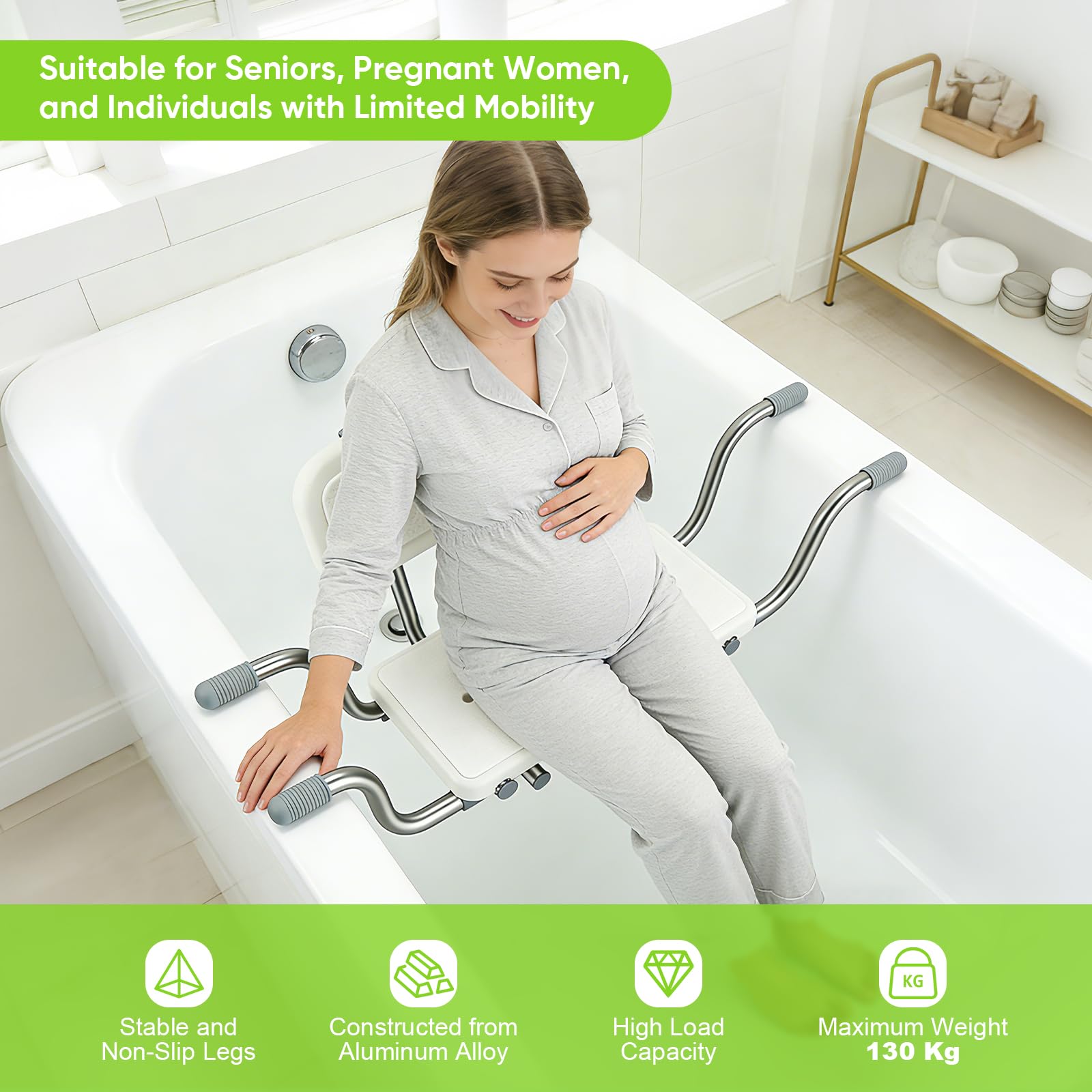 Asiento de Bañera Adulto Antideslizante de Aluminio, Ajustable 76-96cm | Silla Bañera con Respaldo para Personas Mayores, Taburete de Baño 150kg sin Herramientas para PMR, Embarazadas y Discapacidad