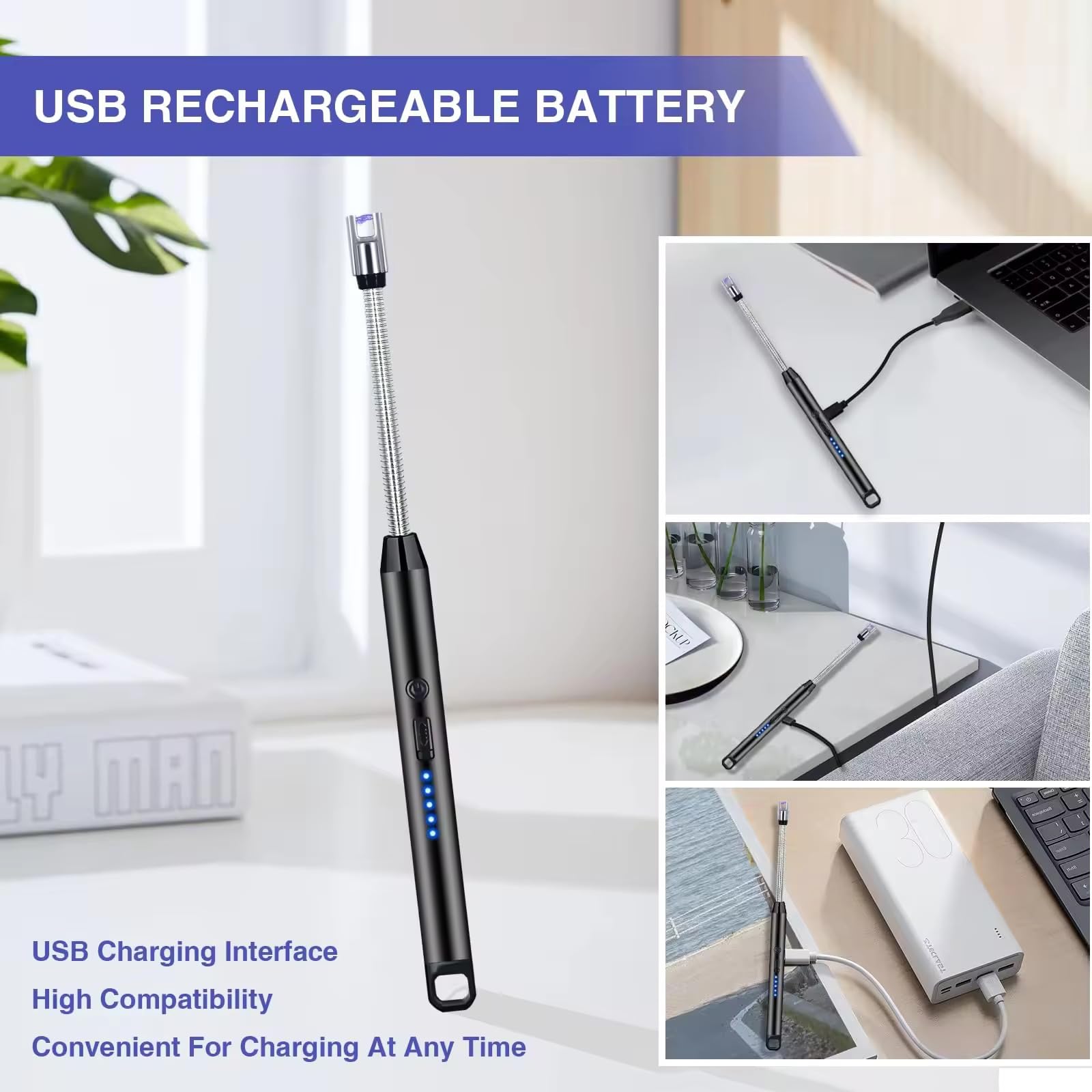 GOPINATH ECOM Rechargeable Electric Gas Lighter with USB C Charging 360 Degree Flexible Neck Windproof Flameless Arc Lighter for Kitchen Stove Candle BBQ Pooja 4