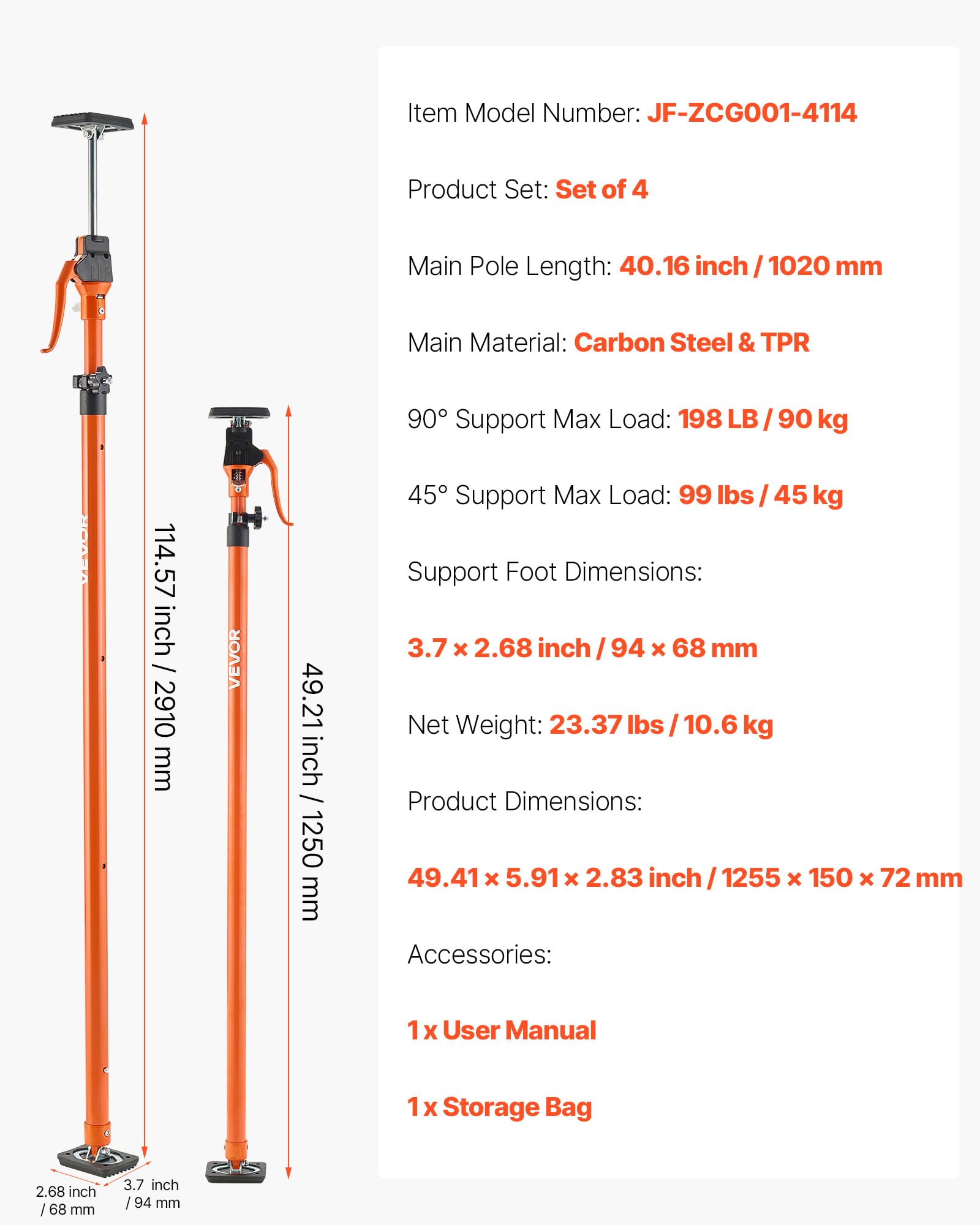 VEVOR Einhandstütze, 4 Stk., Deckenstütze 125–291cm, Teleskopstütze aus Stahl, Montagestütze bis zu 90kg Kapazität zum Installieren von Schränken, Anheben von Trockenbauwänden, Frachtstangen