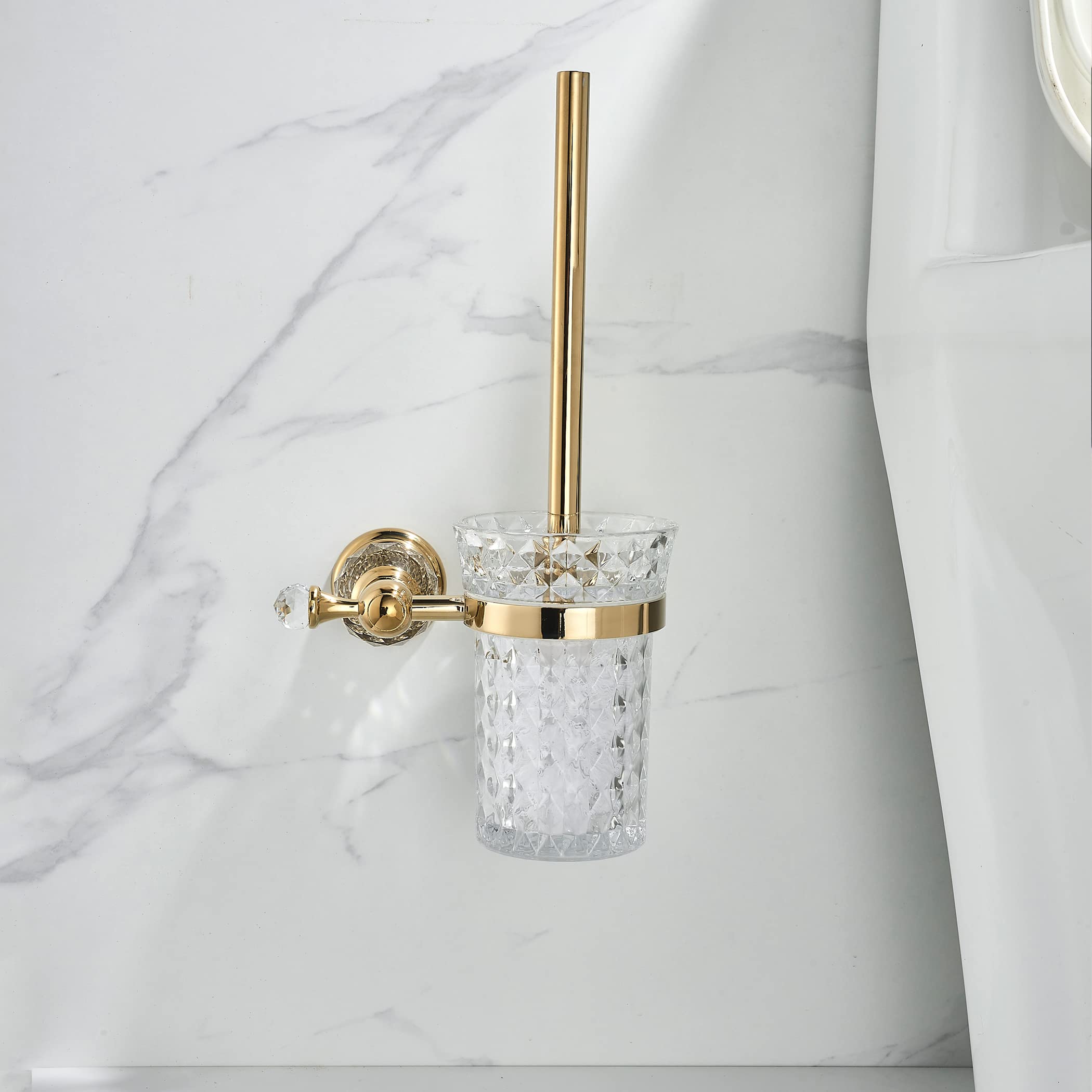 WOLIBEER Soporte para escobilla de Inodoro de Cristal, Mango de Cepillo Dorado Pulido con Cabezal de Cepillo reemplazable, Juego de Limpieza de baño de Acero Inoxidable montado en la Pared