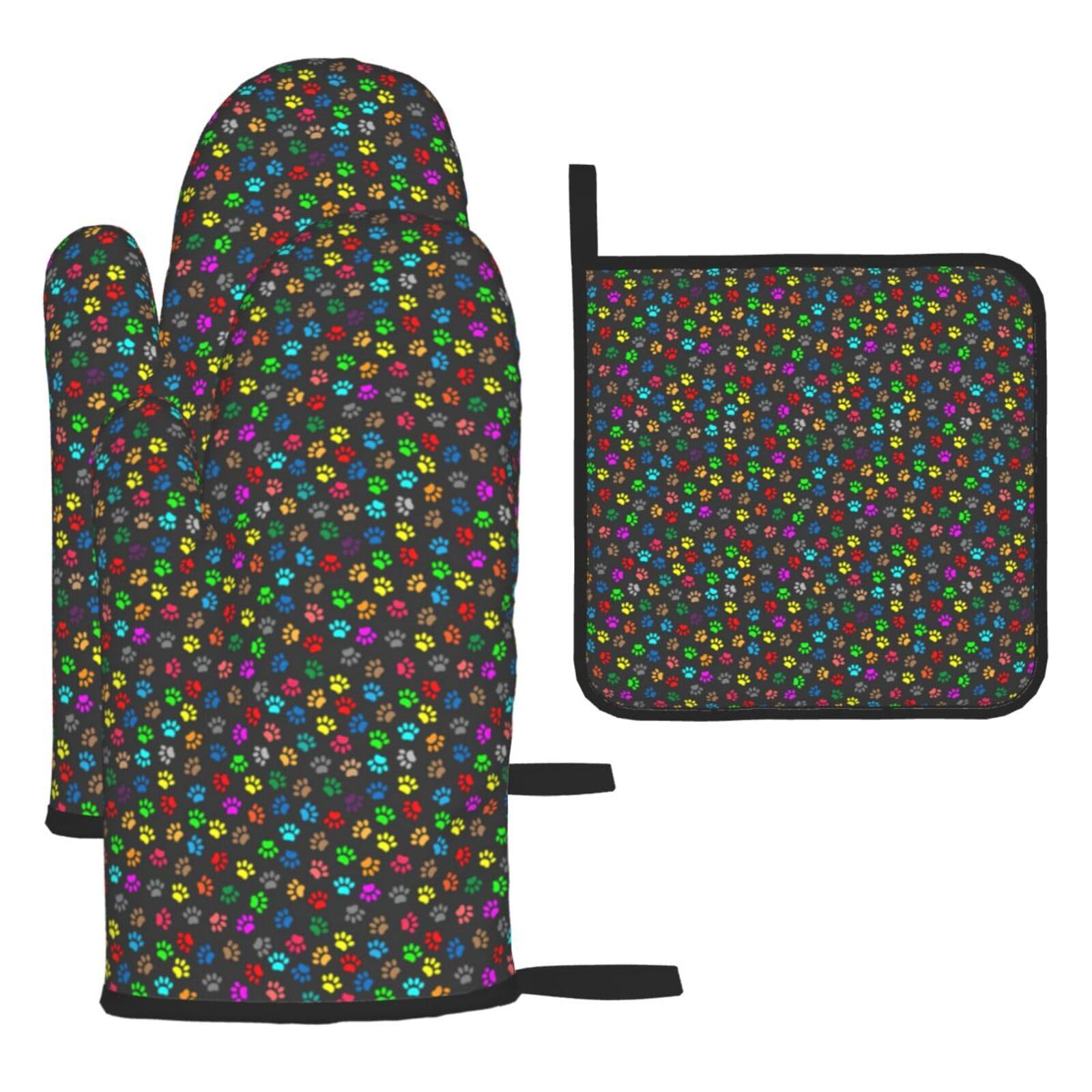 Colorful Dog Paw Print Black Print Oven Mitts Kitchen Gloves Set Everyday Baking Grilling Microwaving Cooking Gift