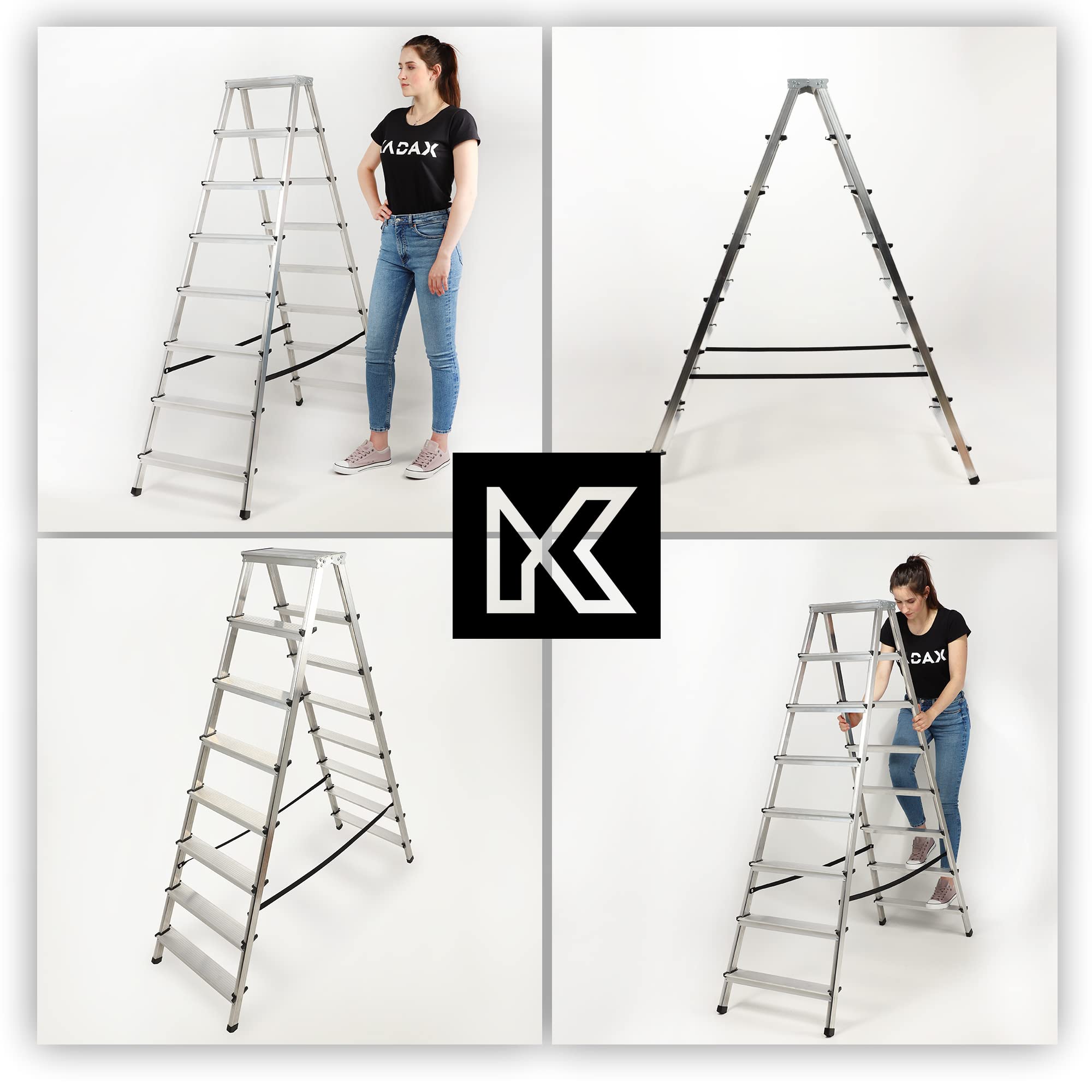 KADAX Échelle Double en Aluminium, Équipée de Marches Antidérapantes et d'une Conception Pliable Facilitant Le Stockage et Le Transport (8 Marches)