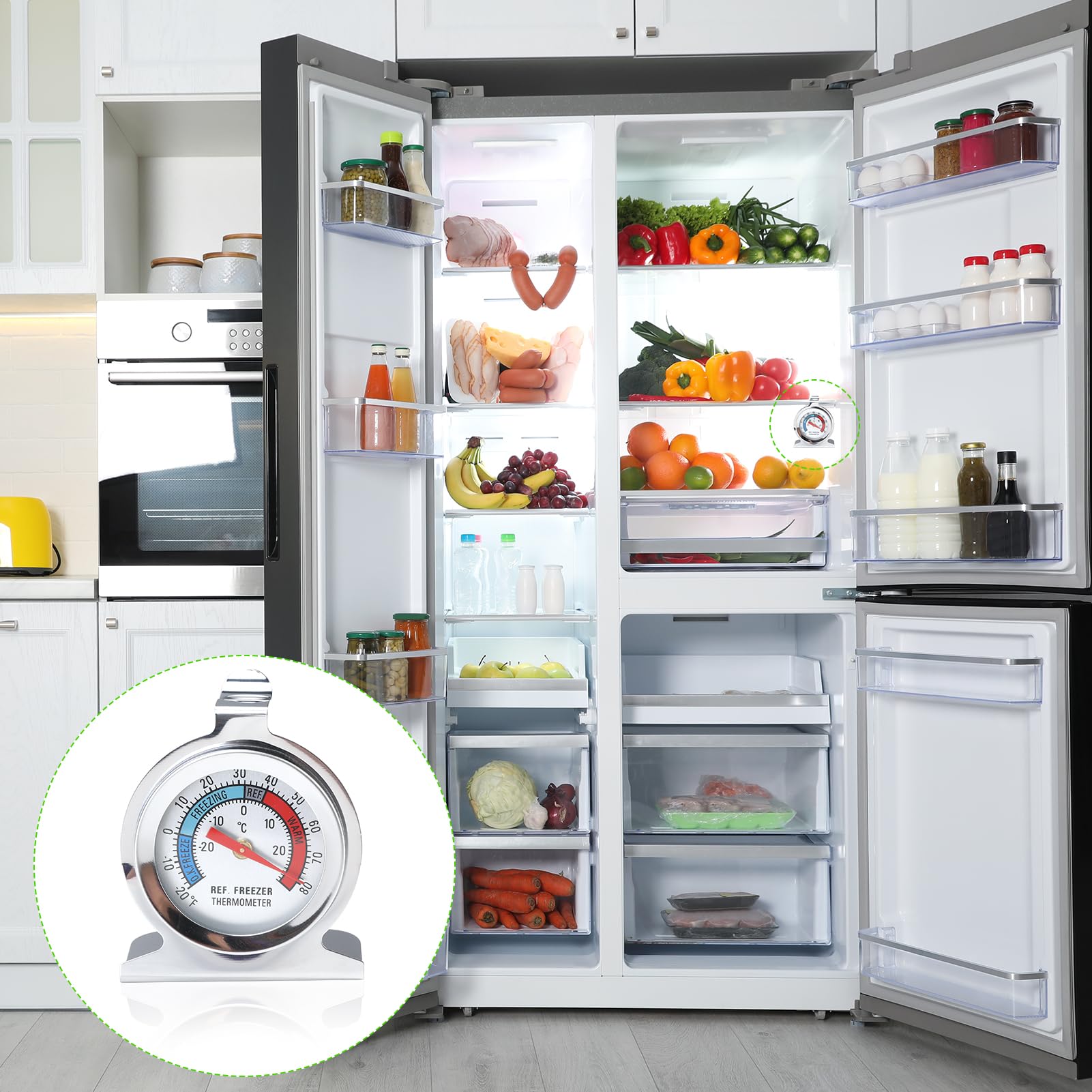 4 Termometri Per Frigorifero E Congelatore - Quadrante Grande In Acciaio Inox, Gancio E Supporto Inclusi - 2