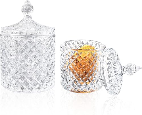 2Pcs Crystal Jar with Lid, Glass Sugar Bowl Decorative Candy Jar | No Spill Pai Diamond Candy Dish, Crystal Cookie Tin Biscuit Barrel, Buffet Container, Qtip Holder for Home (10+24oz, Clear)