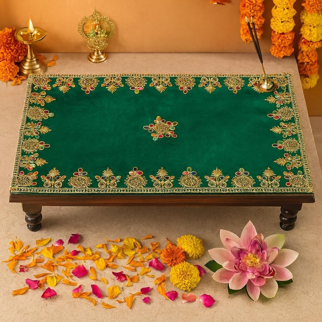 Handcrafted Velvet Puja Chowki Aasan Cloth with Rich Golden Zari Embroidery, Traditional Indian Decorative Pooja Altar Cover for Home Mandir, Temple Décor - 15x9 Inch (Green) image 4