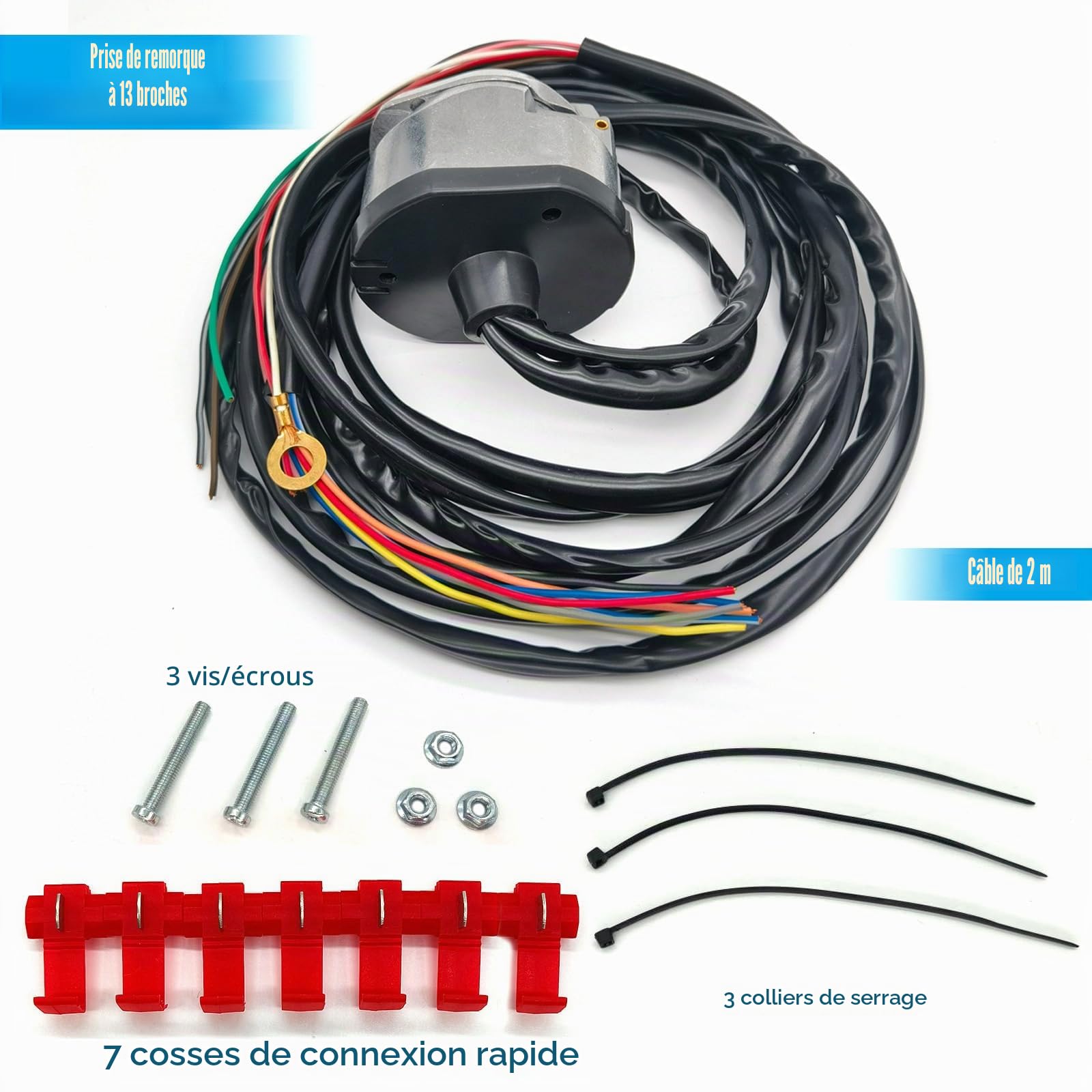 Faisceau Prise Remorque 13 Broches avec 2 m Câble 13 Fils, Rallonge d'attelage Remorque 13 PIN Metal Pré-câblé - Imperméable