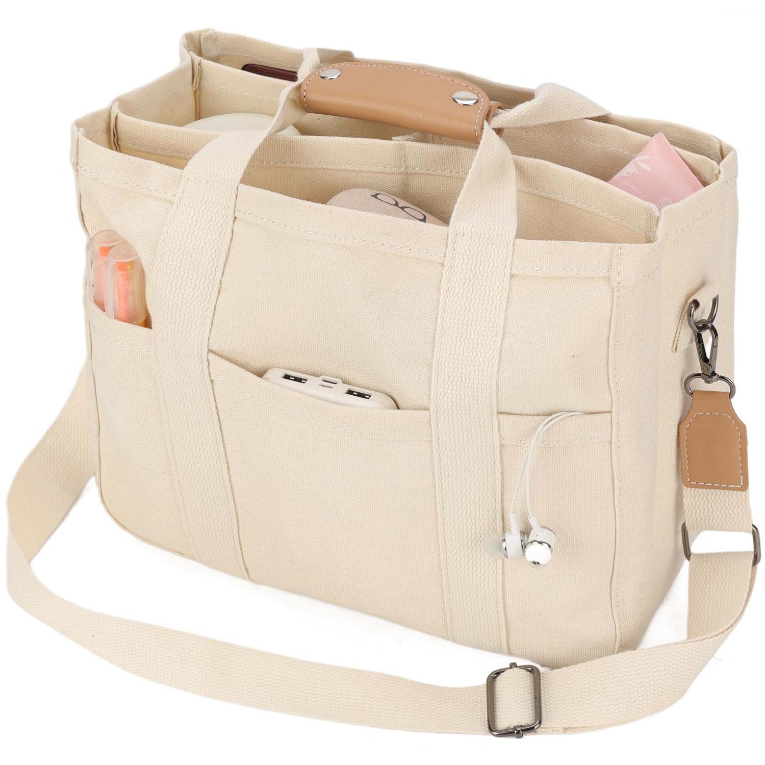 Barsine Messenger Bag for Women and Men, Multi-Pocket & Compartments Everyday Tote, Lightweight Canvas Bible Sturdy Bag, White, Medium, Multi-pocket Bible Tote Bag