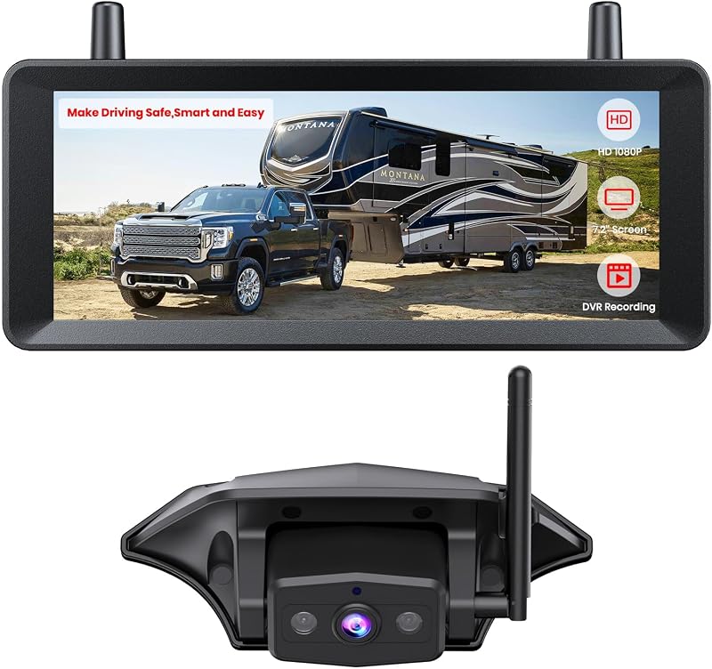 Cámara de respaldo inalámbrica para vehículos recreativos AUTO-VOX, configuración Plug and Play de 30 minutos | Vista en vivo fluida incluso más allá de 60 pies, monitor DVR 1080P de 7,2 pulgadas, cámara de respaldo de visión nocturna por infrarrojos para RV precableado, quinta rueda, remolque
