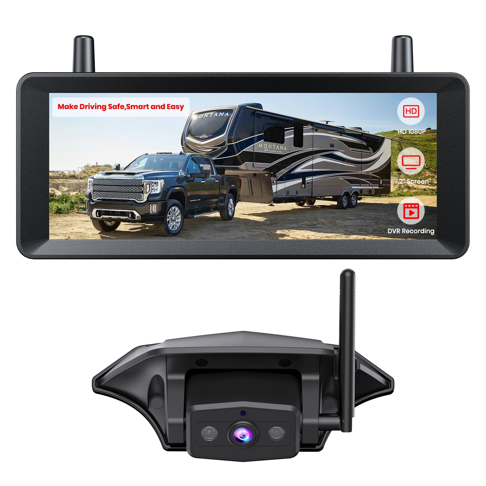 AUTO-VOX Wireless RV Backup Camera: 30Min Plug and Play Setup, Smooth Live View Even Past 60ft, 7.2" 1080P DVR Monitor, Super IR Night Vision Back up Camera Works with Pre-Wired RV, 5th Wheel, Trailer - 1