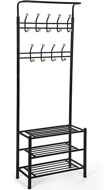 SONGMICS Coat Stand with 3 Shoe Racks with 18 Hooks Tube Diameter 32 mm, Metal, Black, 68.8 x 35.2 x 187 cm