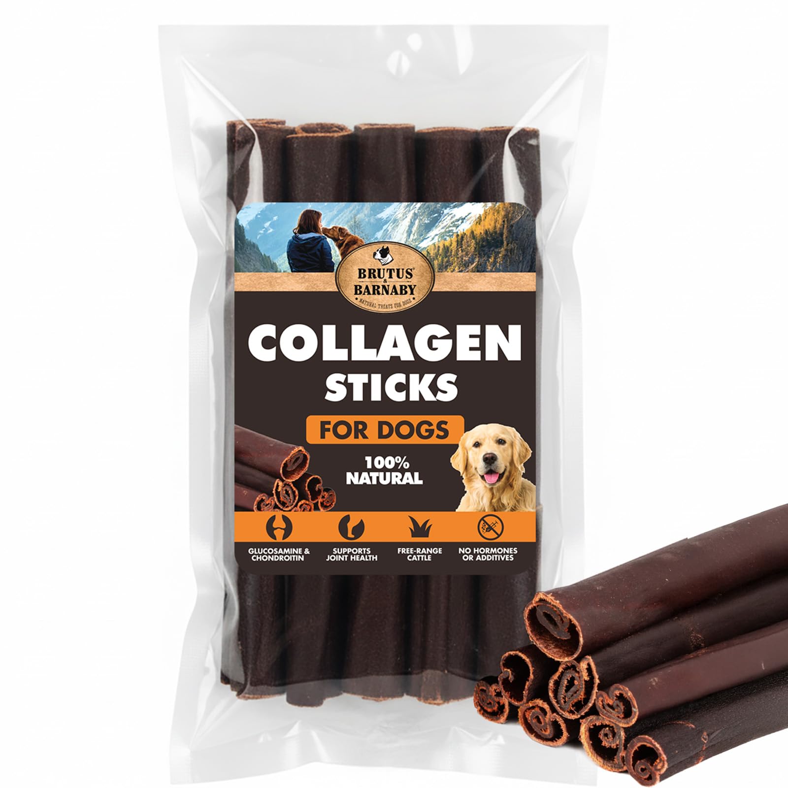 BRUTUS & BARNABY Beef Collagen Sticks for Dogs-Great Long Lasting Chew for All Dog Breeds-Odor Free, With Naturally Occurring Glucosamine &