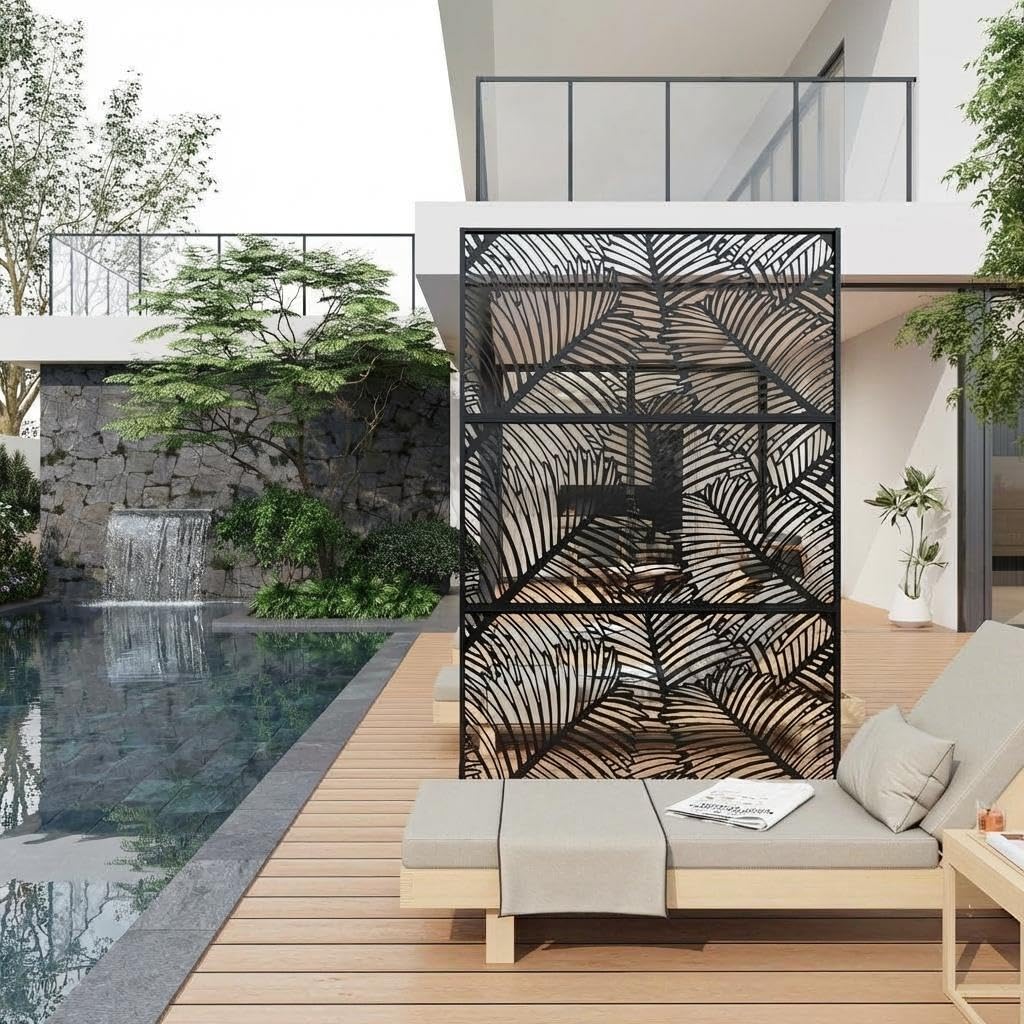 Metall Sichtschutz freistehend 188x120cm, Palmblatt Design, Stahl Trennwand | Raumteiler; Standfuß; wetterfest; dekorativ; Outdoor & Indoor; Laserschnitt; stabil; UV-beständig; Balkon; Terrasse