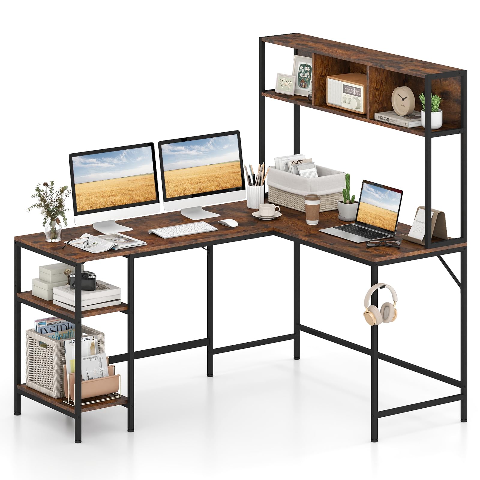 COSTWAY Scrivania a Forma di L con Libreria, Ripiani e Gancio per Cuffie, Scrivania Angolare in Legno con Robusto Telaio in Metallo, Scrittoio per Computer per Soggiorno, Studio e Ufficio (Marrone)