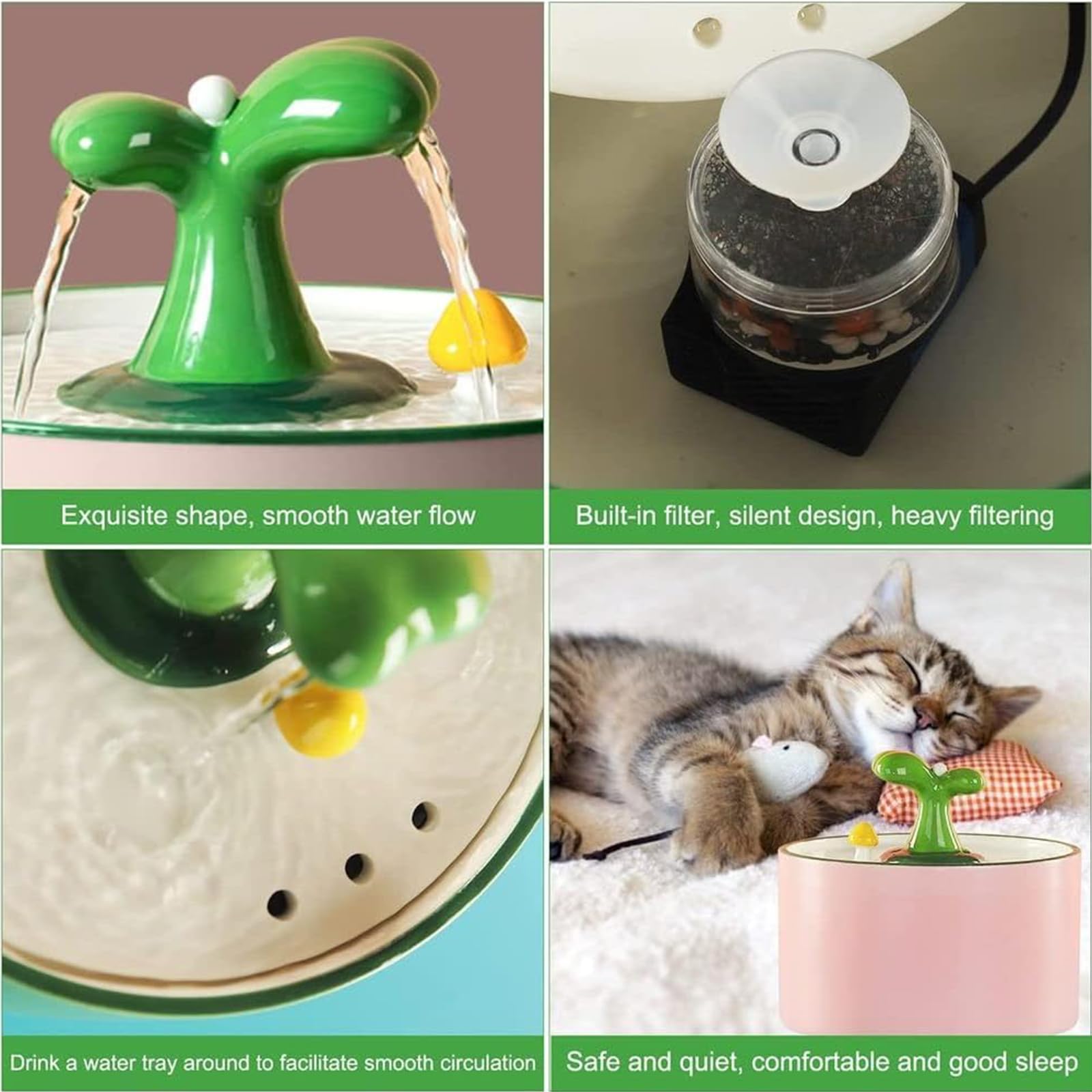 Fontana d'Acqua Automatica per Gatti da 1,5 L, Distributore Elettrico di Acqua per Animali Domestici in Ceramica con Pompa Silenziosa 6 Filtri di Ricambio per Gatti, Cani,Verde