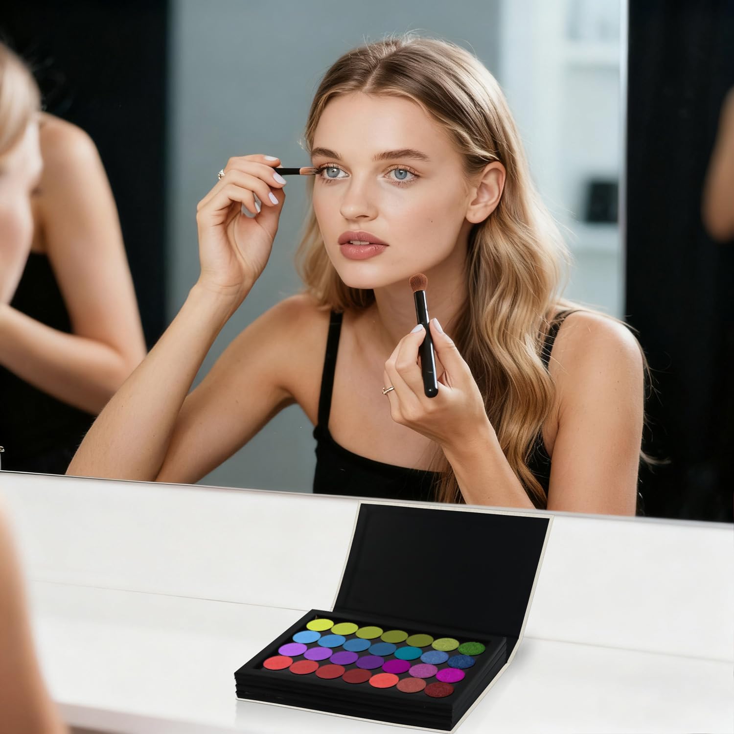 Palette magnétique vide à 4 couches (grain de bois blanc) + 1 spatule de dépôt de maquillage + 50 autocollants ronds en métal + 50 autocollants carrés en métal
