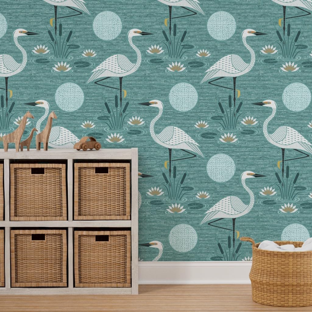 Peel & Stick Wallpaper 3ft x 2ft - Water Lily White Egret Teal Aqua Neutral Calm Serene Minimal Weathered Custom Removable Wallpaper by Spoonflower