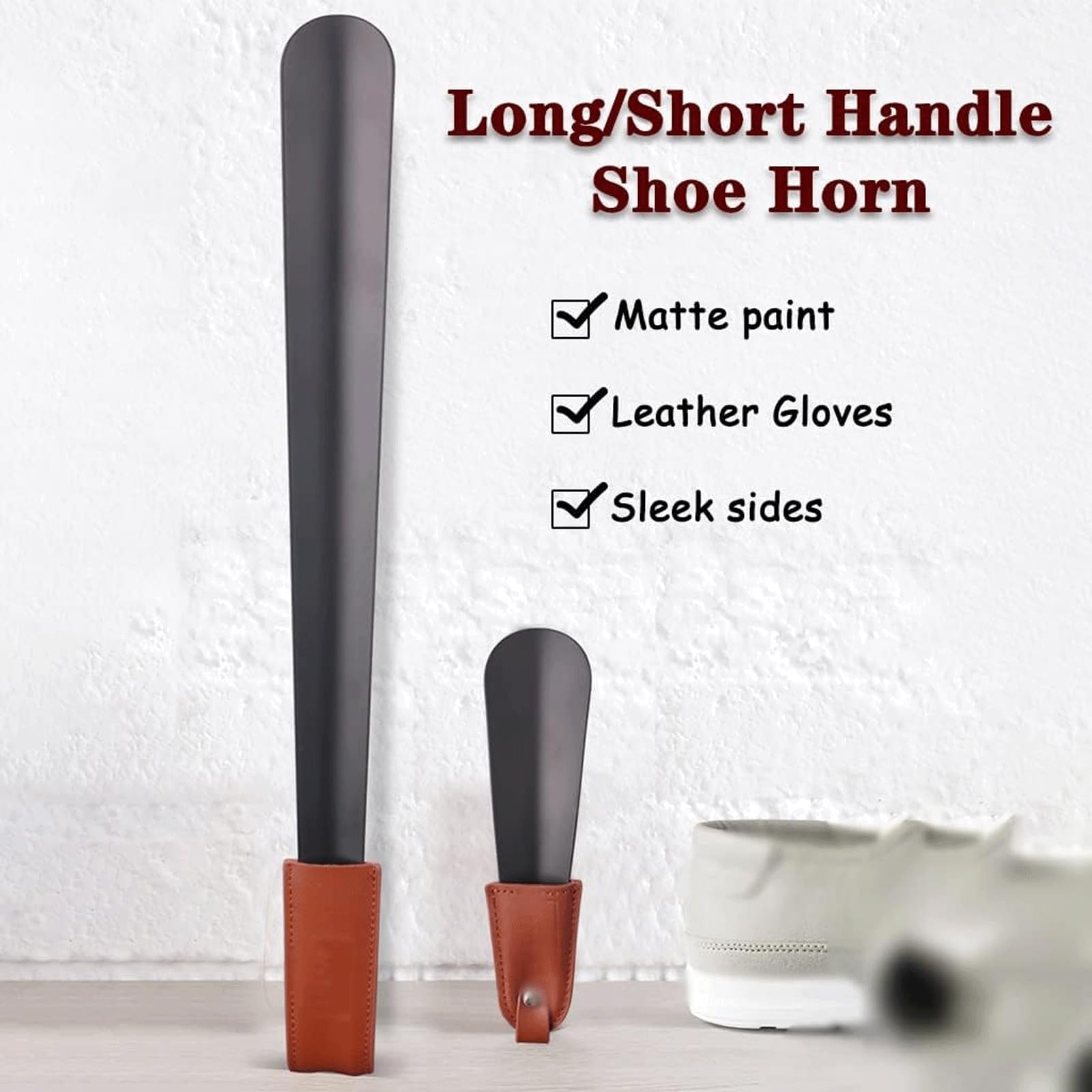 Calzador de acero inoxidable – Paquete de 2 calzadores portátiles de viaje con mango de cuero – Calzador largo de metal para hombres, mujeres y niños