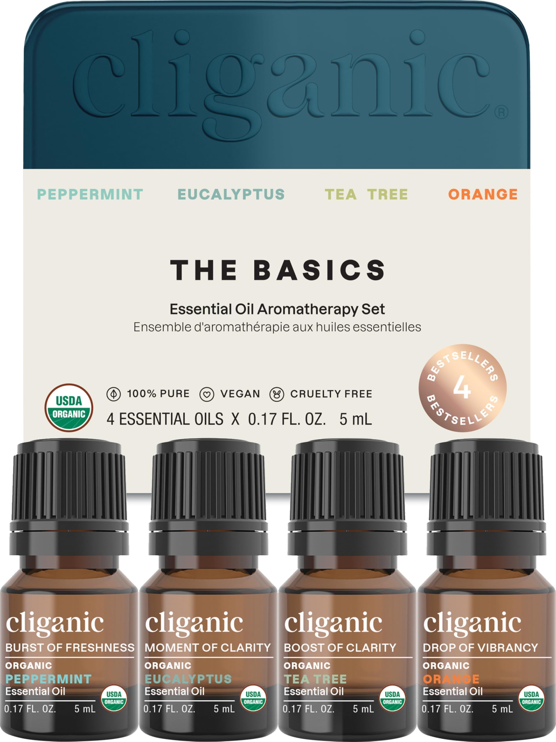Cliganic Organic Essential Oils Gift Set (Top 4 - The Basics), 100% Pure Natural Aromatherapy - Peppermint, Eucalyptus, Tea Tree & Orange