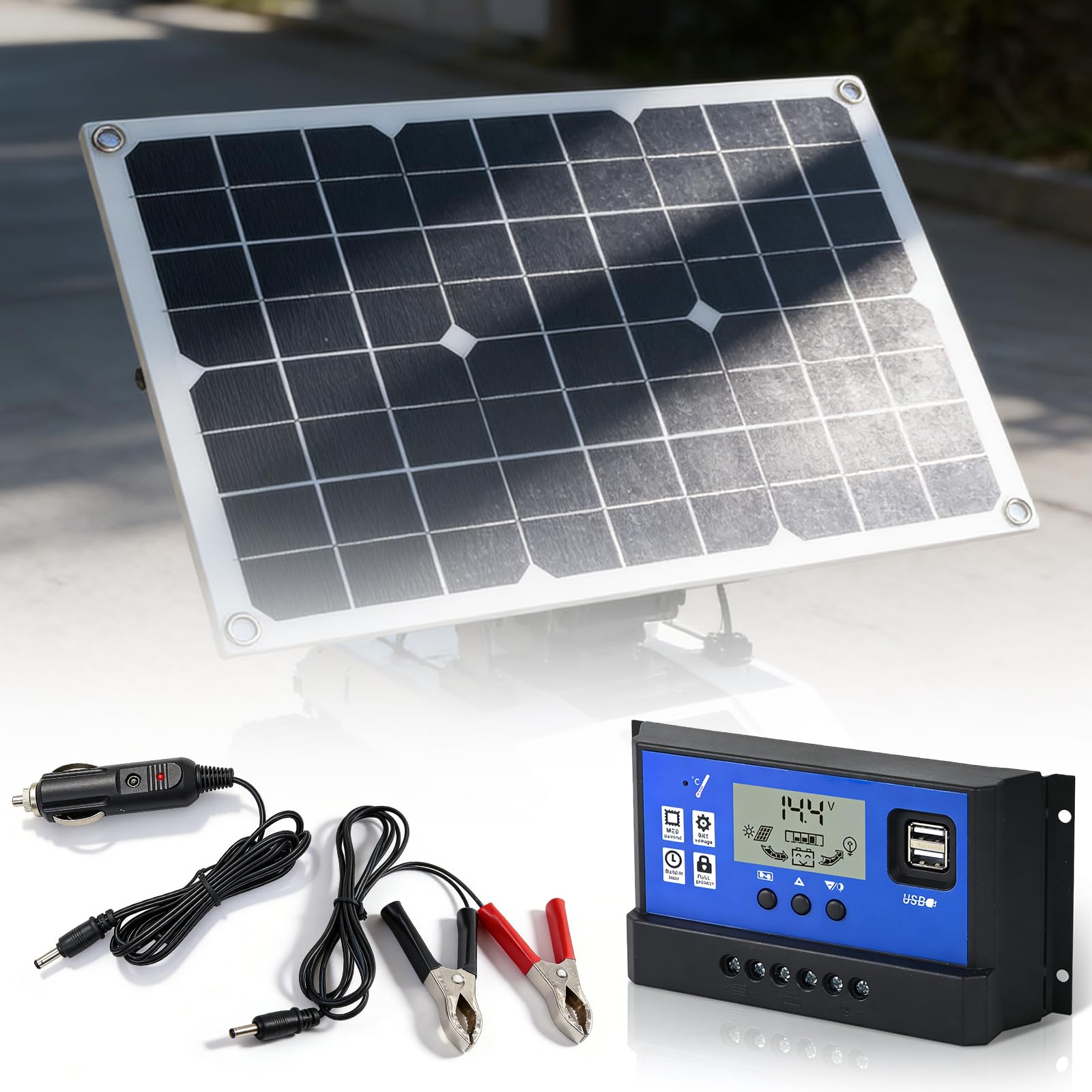Kit Solaire 20W, Panneau Solaire Flexible avec Régulateur 10A, Chargeur Solaire pour Batteries de Voiture 12V, Étanche IP67 pour Voiture, Bateau, Camping-Car et Moto