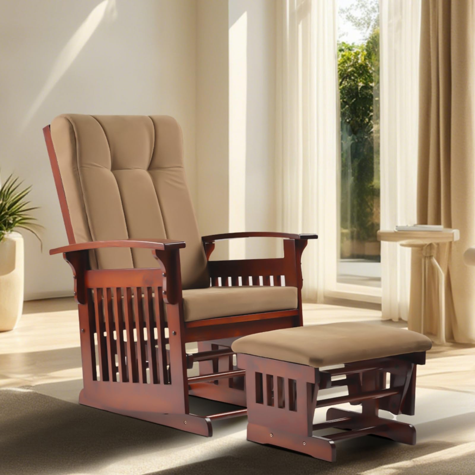 akucvor Solid Wood Rocking Glider Chair with Ottoman Cushion Set, Antique Rocking Chair with Arm Rest for Nursery Living Room Bedroom, Brown Yellow