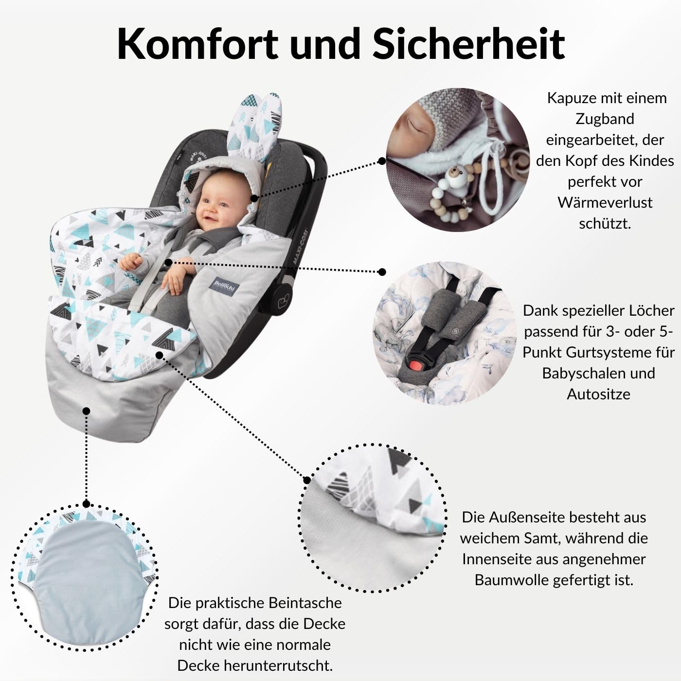 Bellochi Growing in style Premium Einschlagdecke Babyschale, Baby Erstausstattung aus Baumwolle für Autositz, Kuscheldecke für Kinderwagen mit Fußsack passend für Maxi-Cosi, Römer, Cybex - Copse