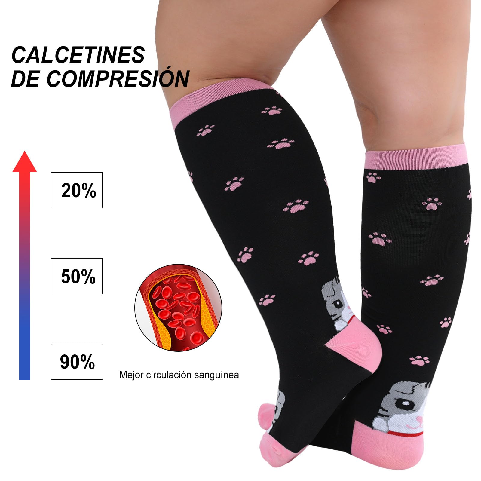 PUTUO Medias de Compresión Hombre y Mujer: Calcetines Compresión Talla Grande para Mujer para Correr Viajar Vuelo Ciclismo Embarazo 1 Par
