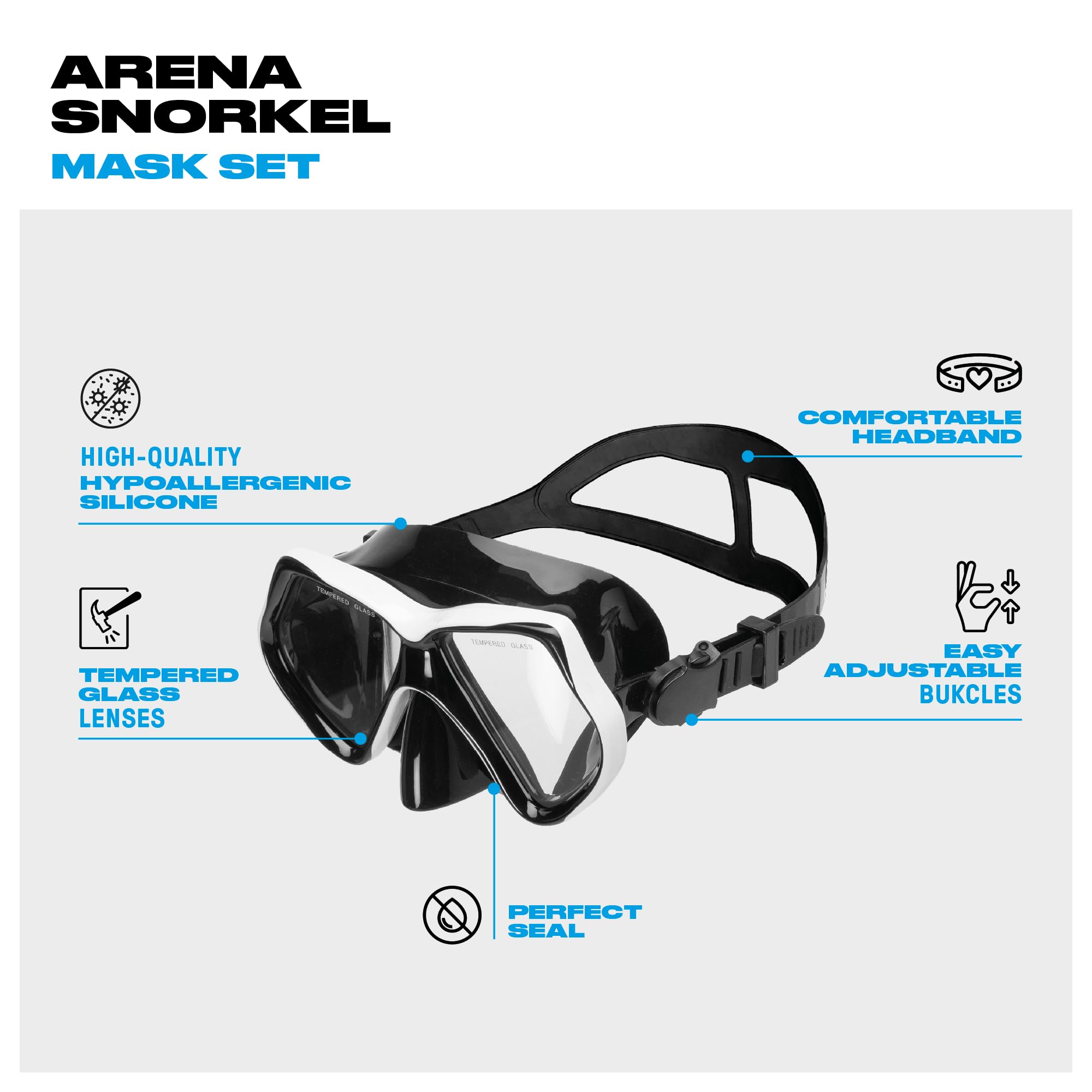 Arena Set Maske und Schnorchel für Erwachsene, Schnorchelmaske Unisex, Meeresmaske, Schnorchelset mit Anti-Infiltrations-Technologie, Flexibler Schlauch mit Entlüftungsventil, Hypoallergenes Silikon