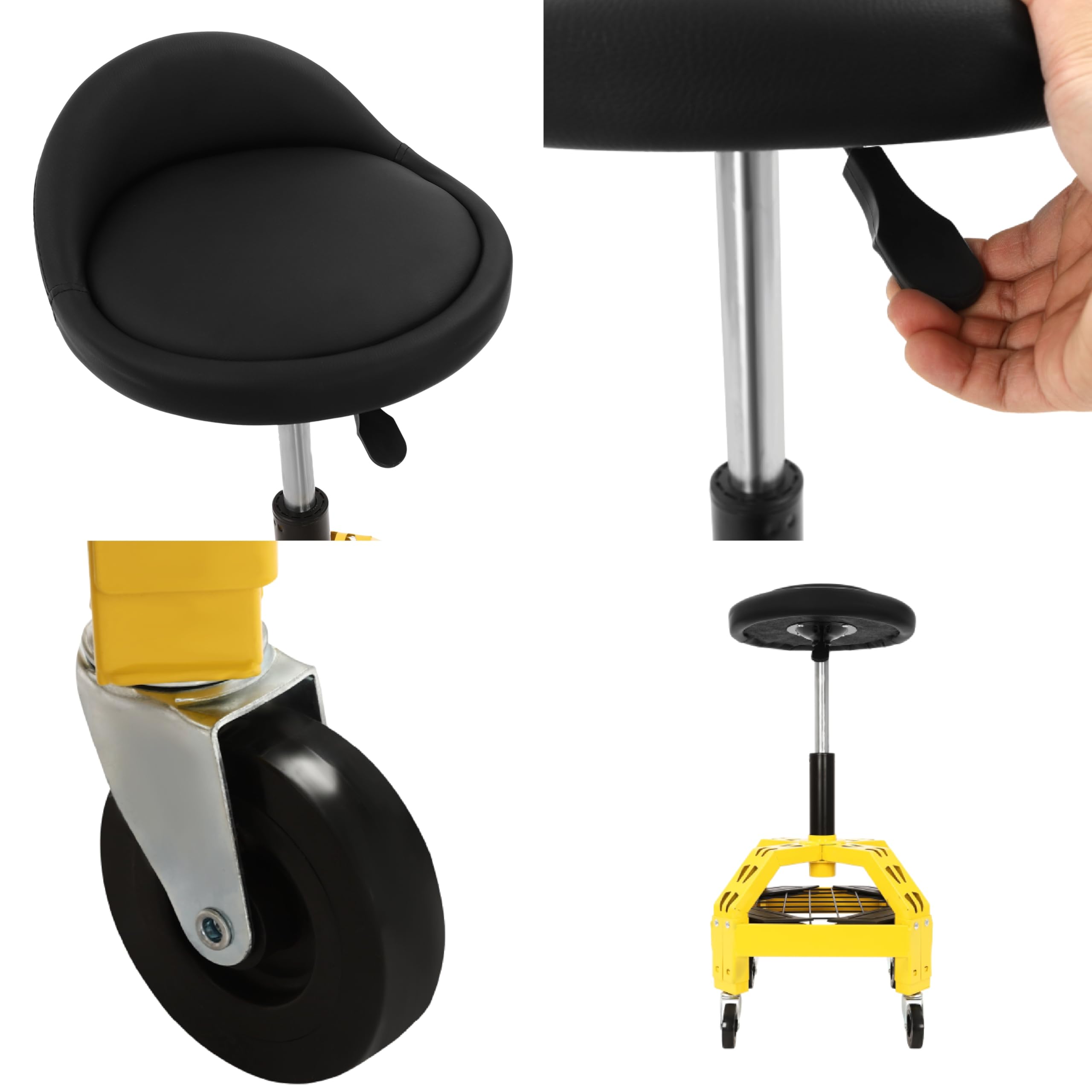 Sgabello da officina regolabile in altezza in ferro con 4 ruote girevoli a 360°, sgabello telescopico da officina con griglia per attrezzi, sgabello da officina, fino a 130 kg