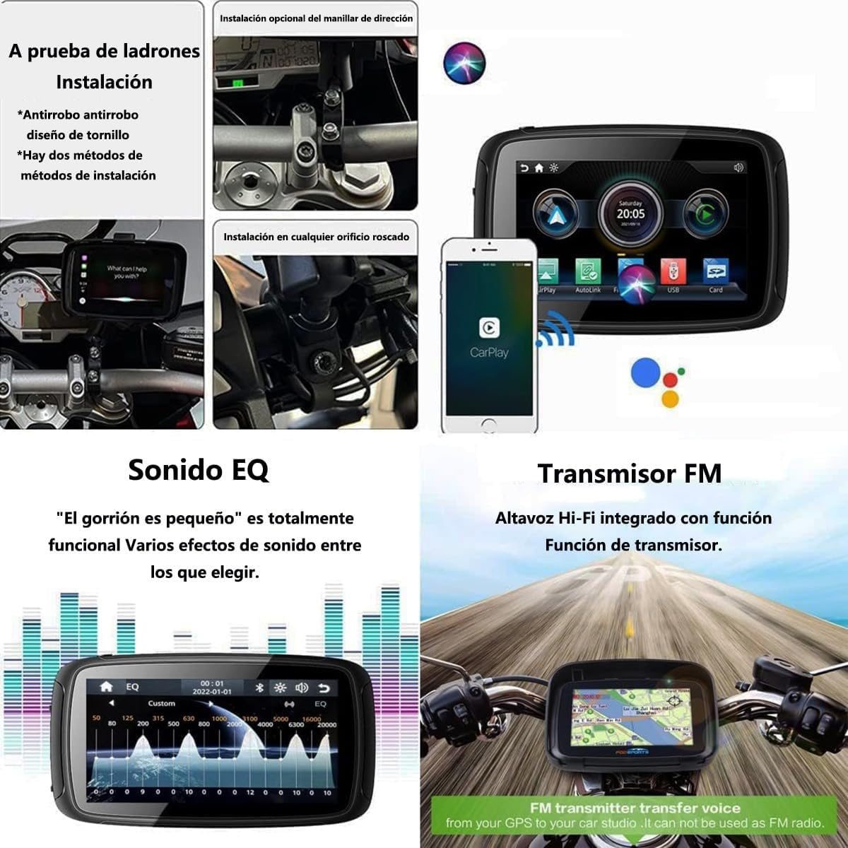 Navigatore Moto IPX7 Impermeabile 5" Touch Screen HD Carplay Wireless Android Auto Supporto