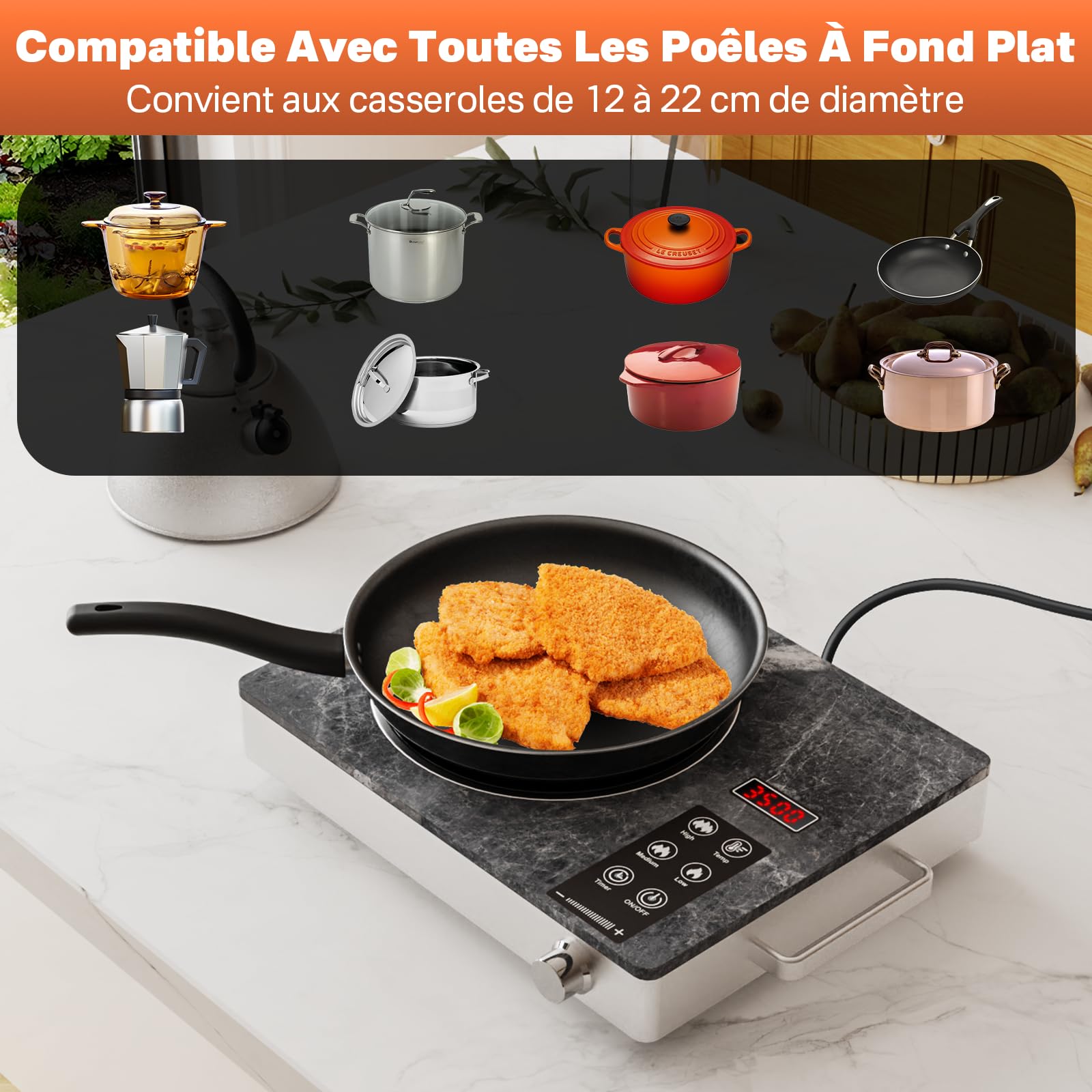 Plaque Vitrocéramique 3500W Infrarouge – Compatible avec Toutes les Casseroles, Verre Microcristallin, Sécurisée avec Arrêt Automatique, Design Marbre Écologique