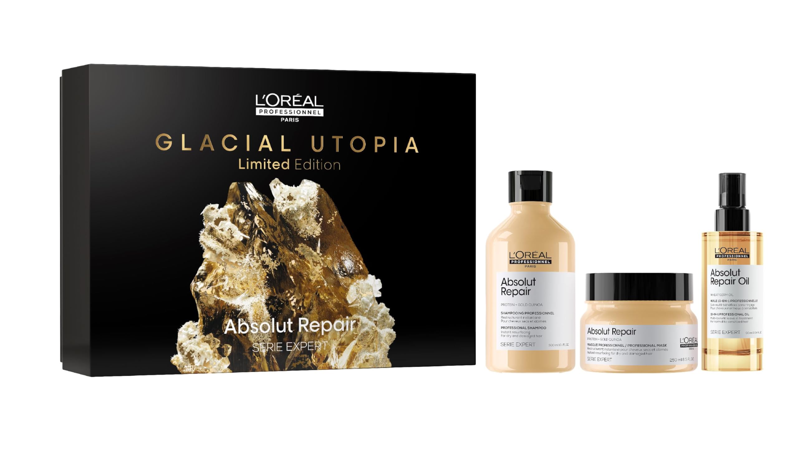 L'Oréal Professionnel, Coffret Cadeau Absolut Repair, Routine Réparatrice, Cheveux Secs & Abîmés, Trio Shampoing + Masque + Huile 10-En-1, Édition Limitée Serie Expert